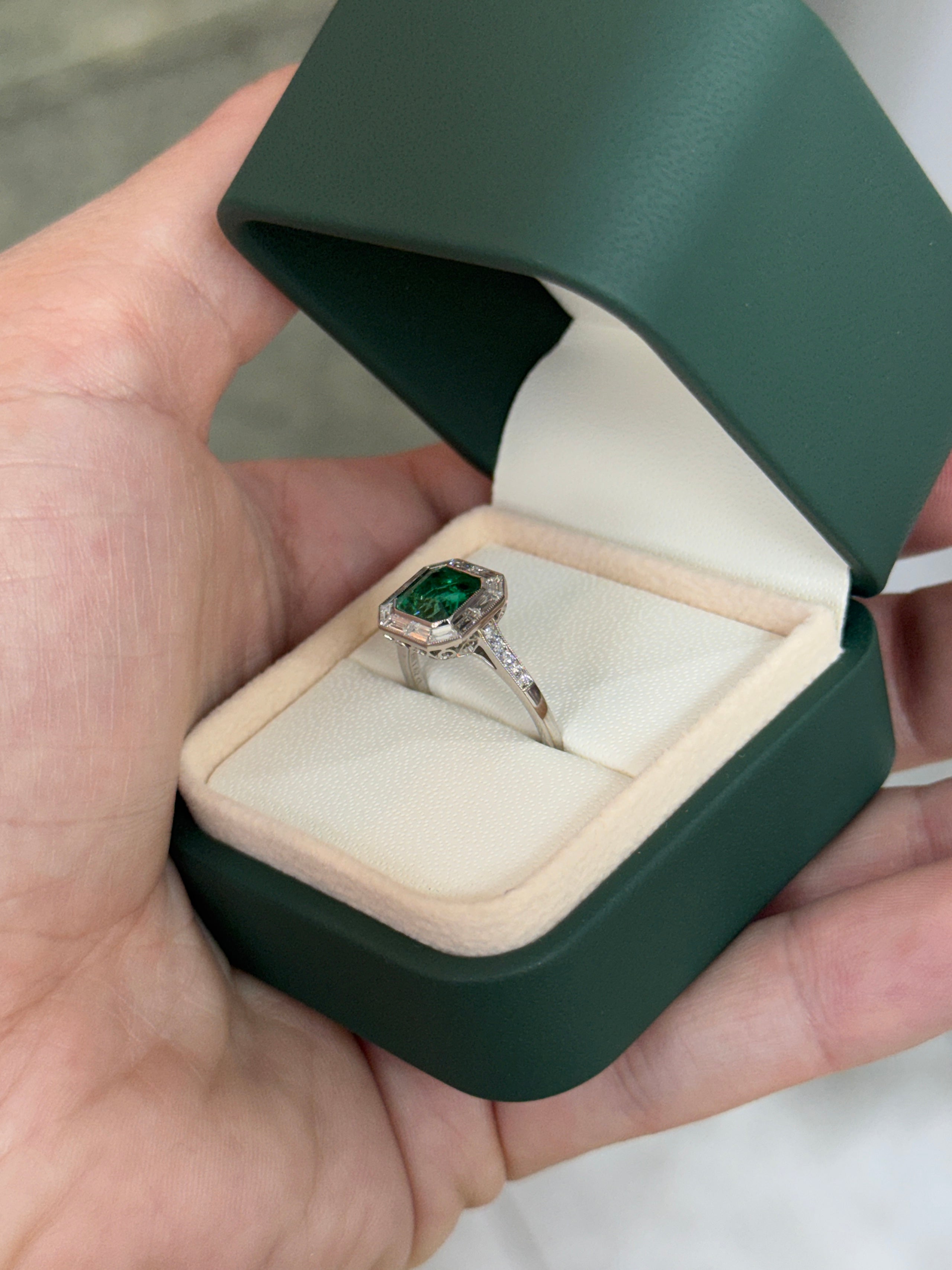 2.22tcw AAA+ Platinum Asscher Cut Emerald & Baguette Diamond Halo Art Deco Ring