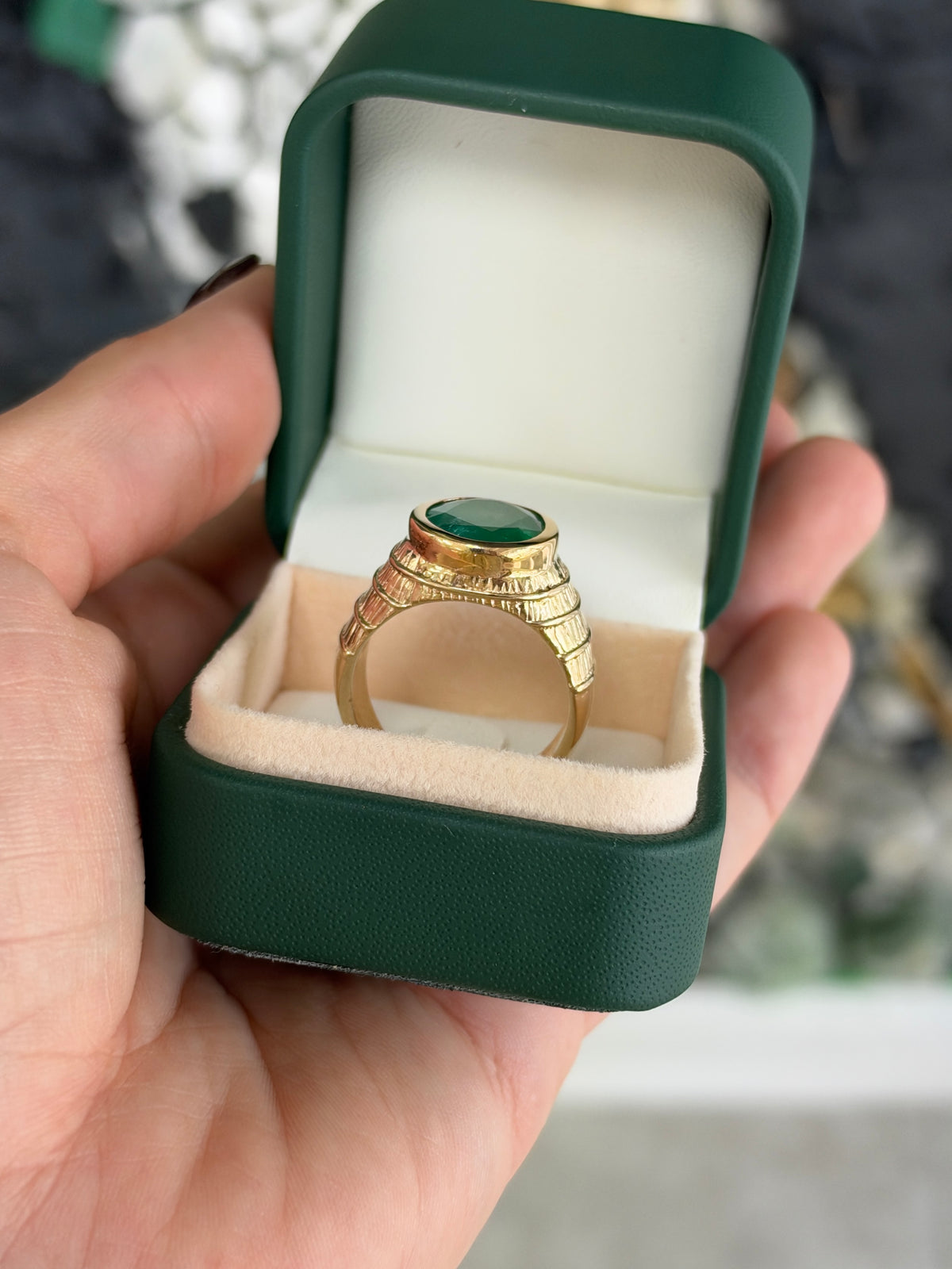 7.25ct 14K Natural Large Oval Cut Emerald Solitaire Bezel Set Gold Ring