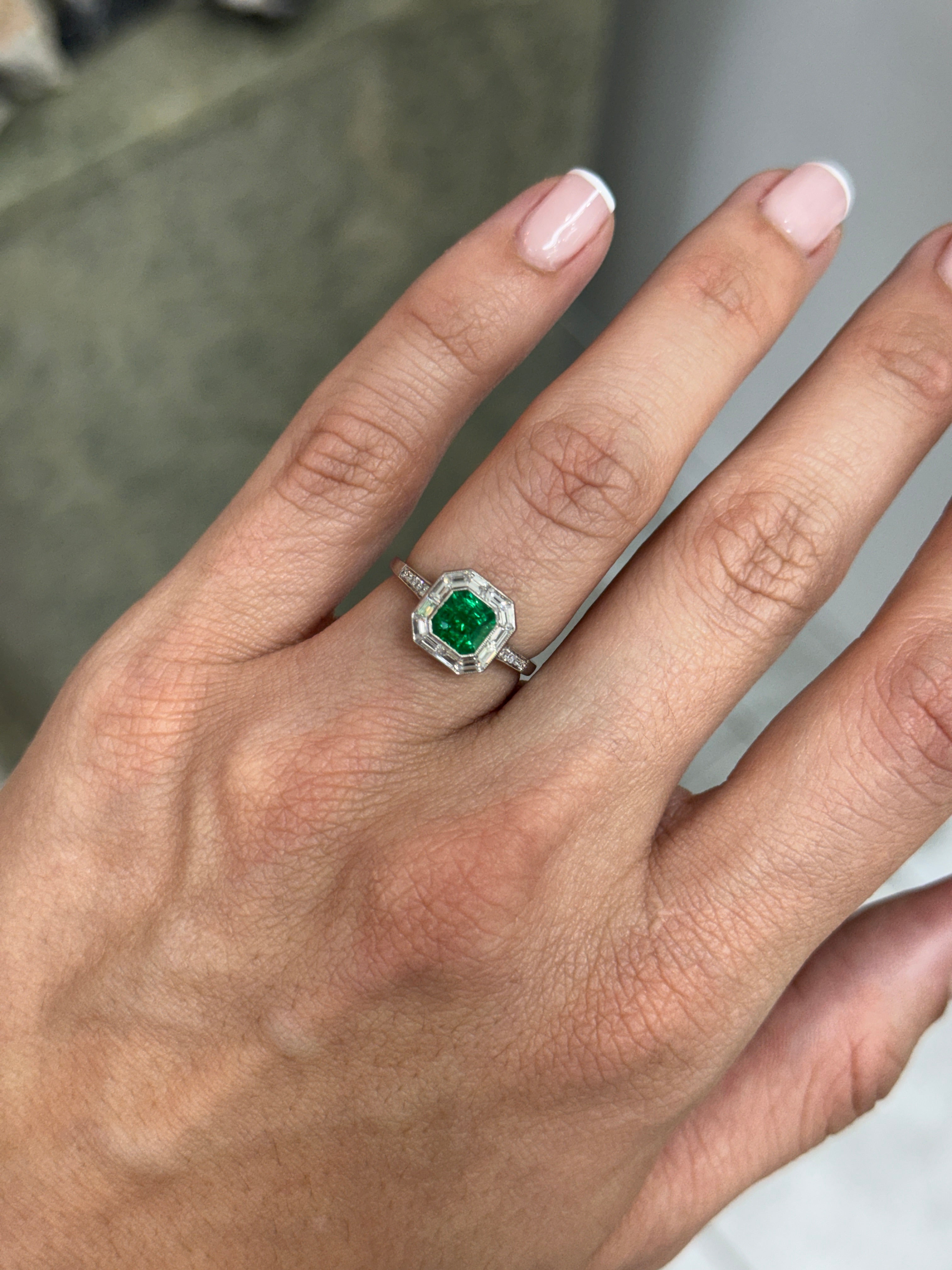 1.55tcw AAA+ Platinum Asscher Cut Emerald & Baguette Diamond Halo Art Deco Ring