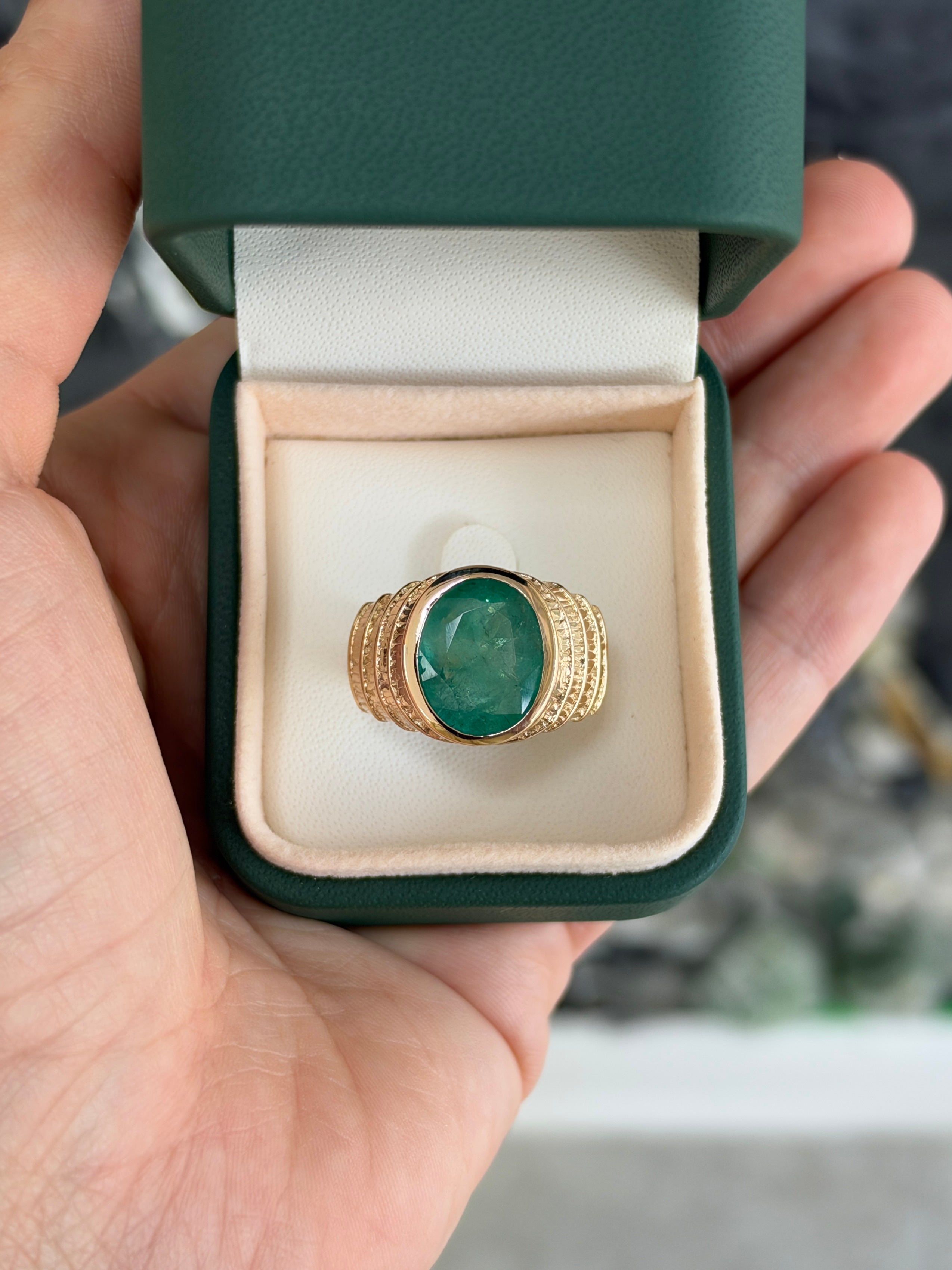 7.25ct 14K Natural Large Oval Cut Emerald Solitaire Bezel Set Gold Ring