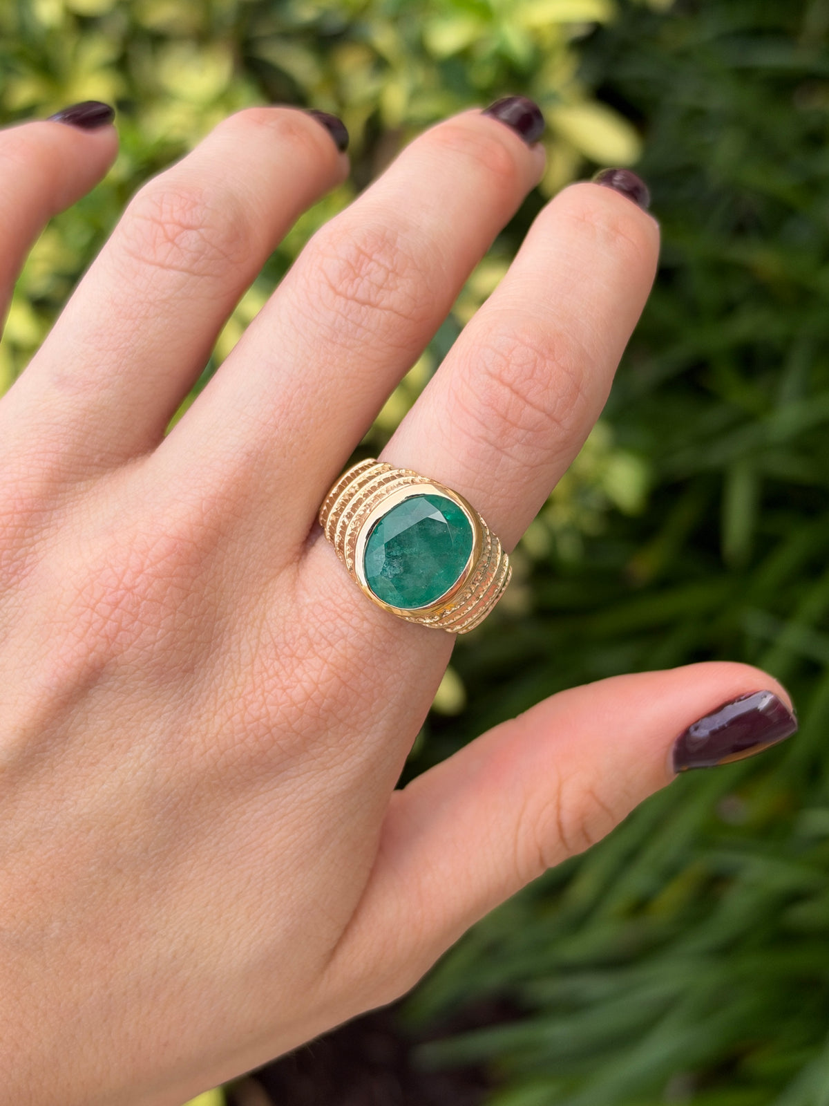 7.25ct 14K Natural Large Oval Cut Emerald Solitaire Bezel Set Gold Ring