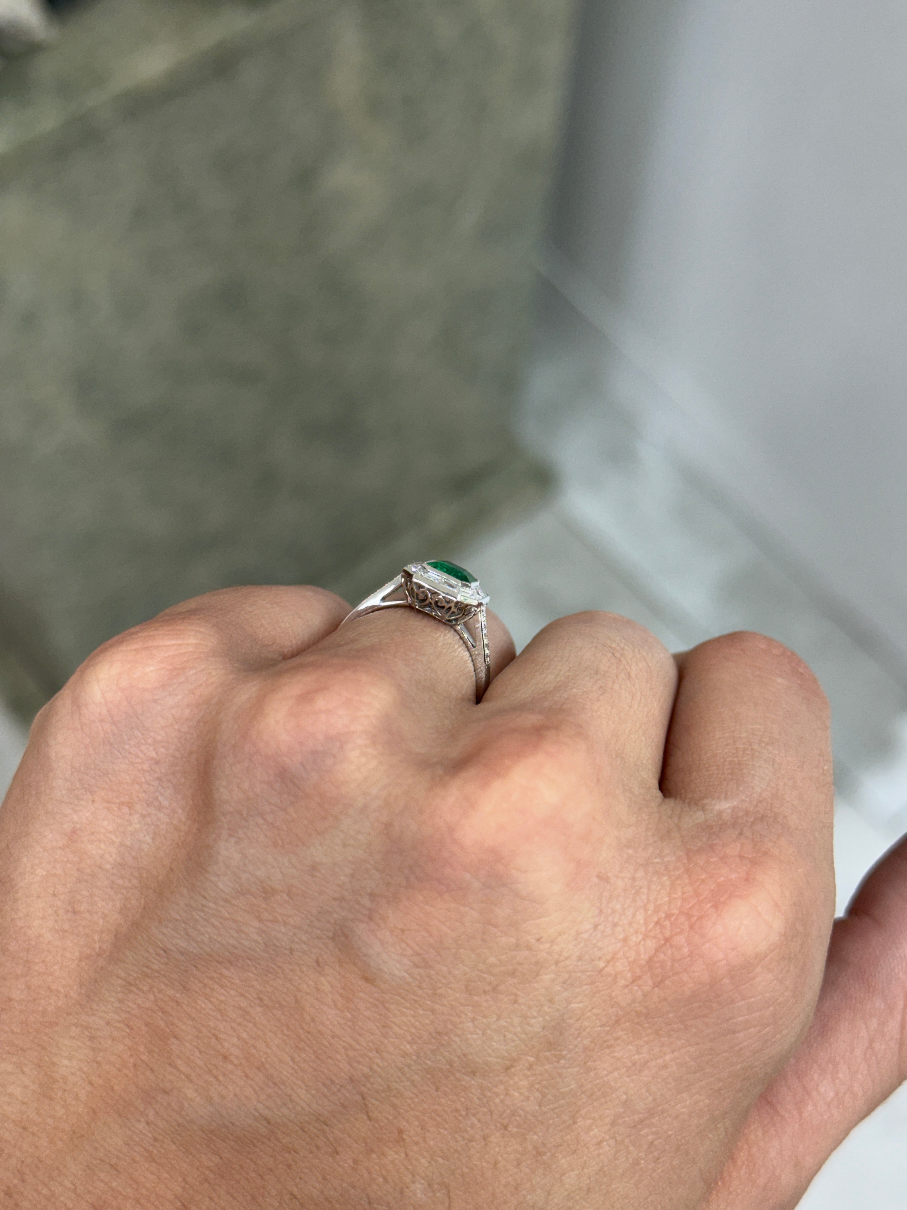 1.55tcw AAA+ Platinum Asscher Cut Emerald & Baguette Diamond Halo Art Deco Ring