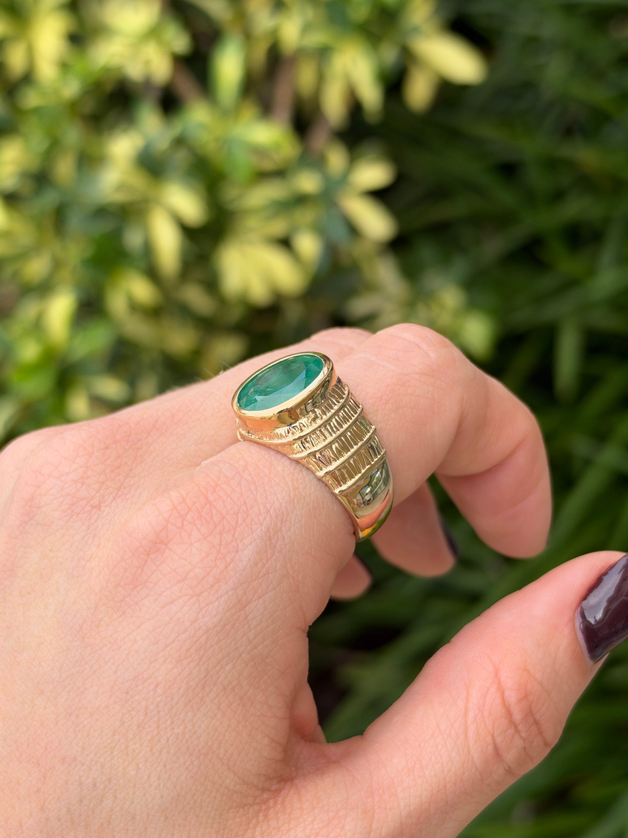 7.25ct 14K Natural Large Oval Cut Emerald Solitaire Bezel Set Gold Ring