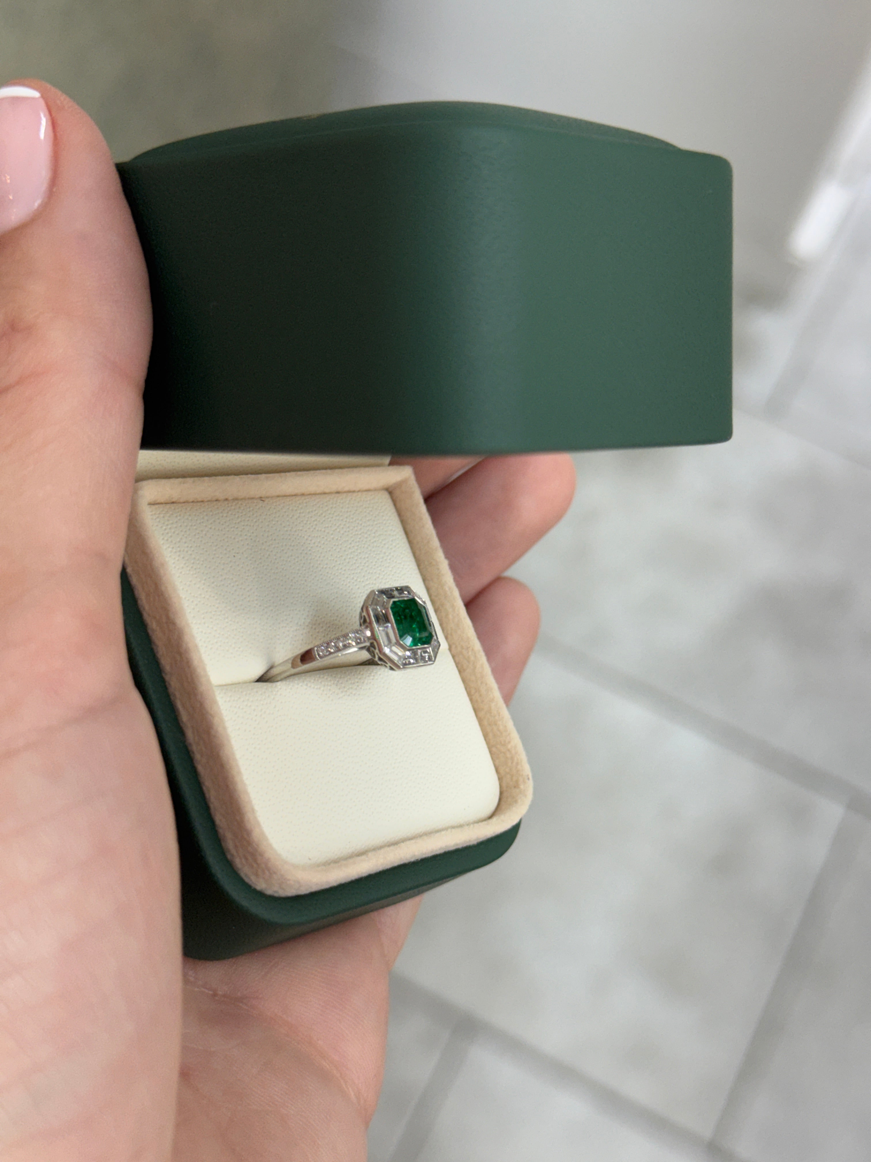 1.55tcw AAA+ Platinum Asscher Cut Emerald & Baguette Diamond Halo Art Deco Ring