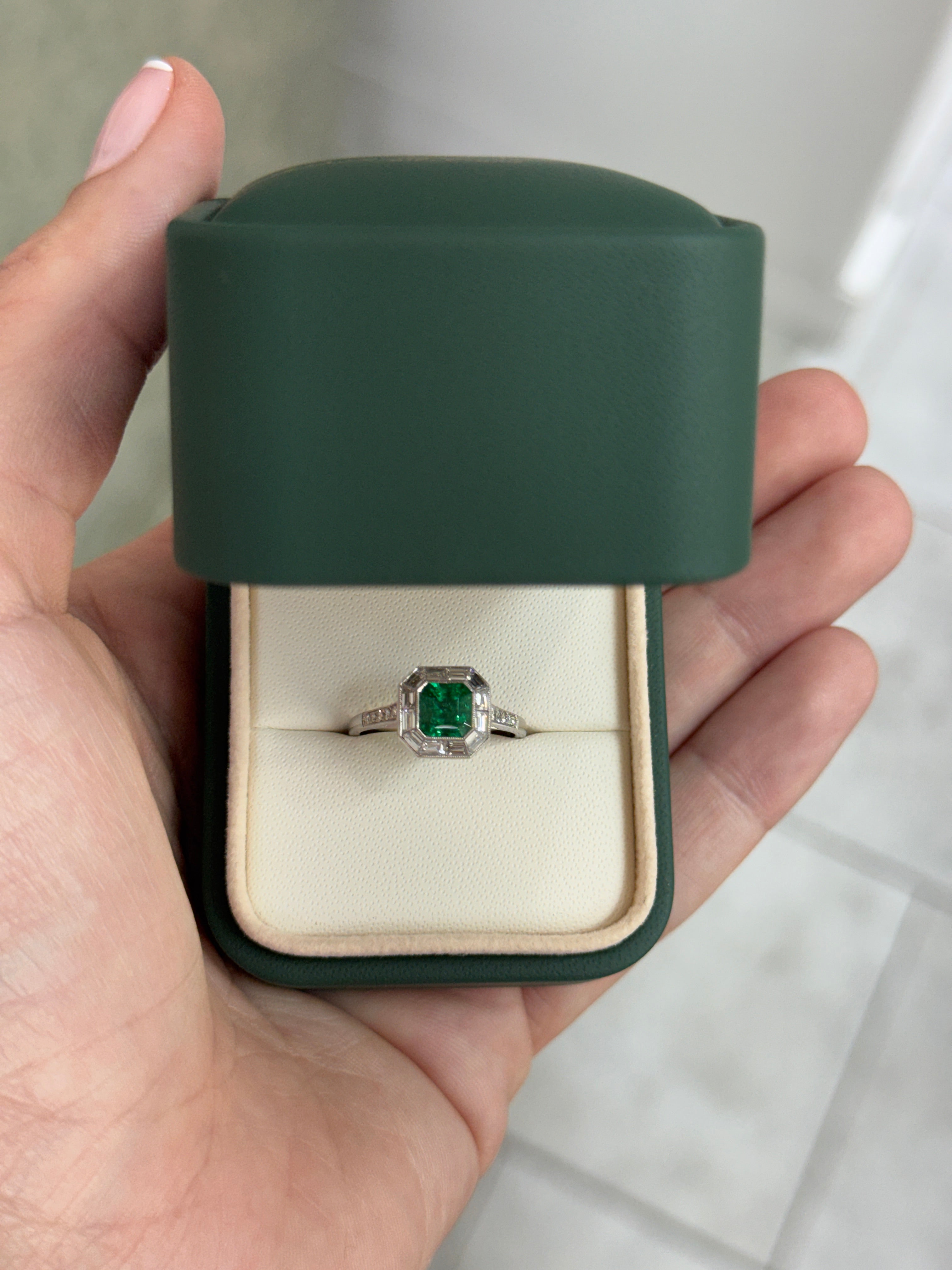 1.55tcw AAA+ Platinum Asscher Cut Emerald & Baguette Diamond Halo Art Deco Ring