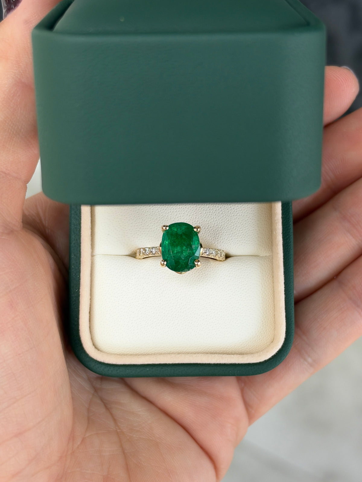 3.34tcw 14K Rich Green Oval Emerald & Hidden Lab Diamond Halo With Diamond Shank Ring