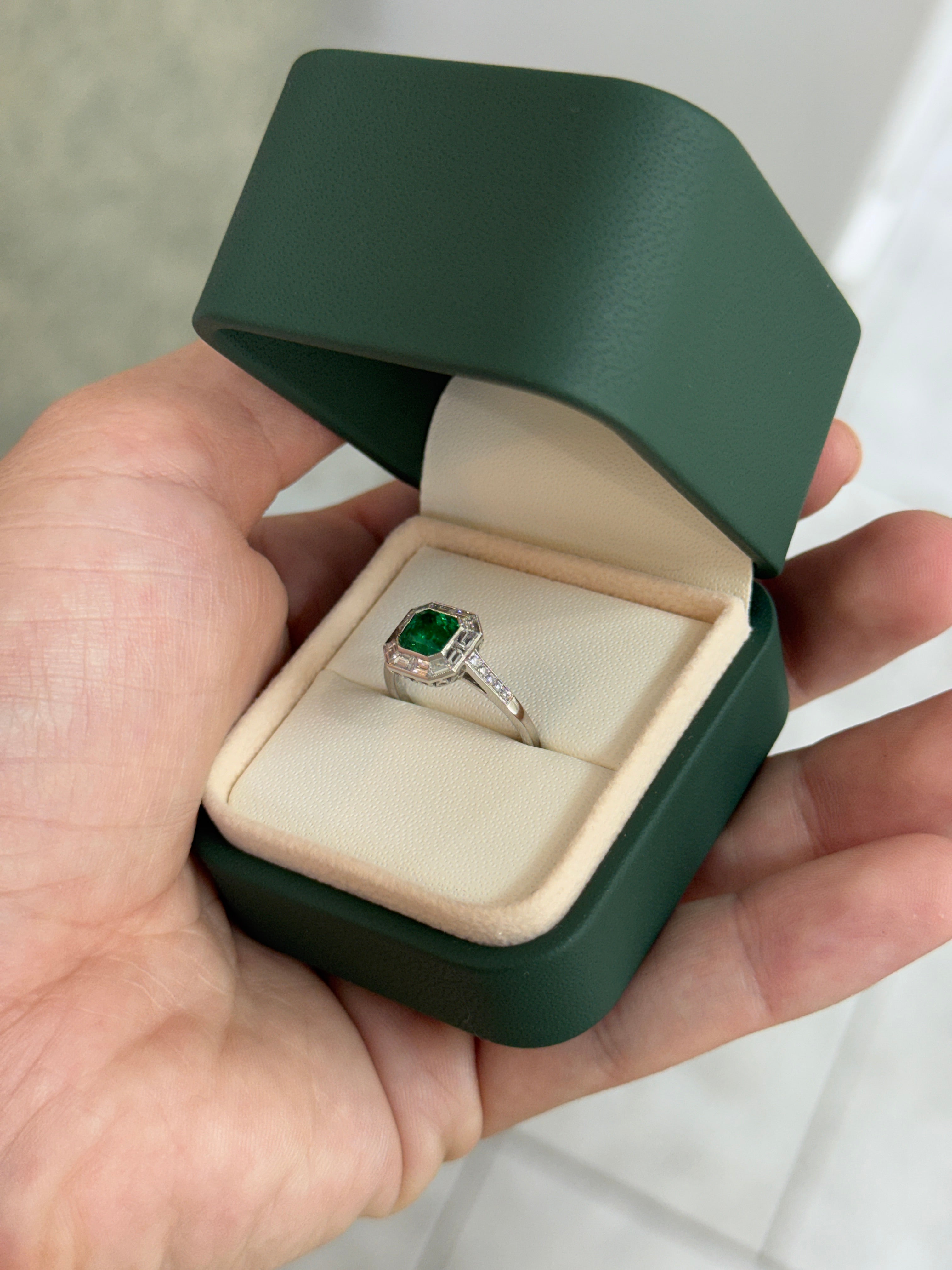1.55tcw AAA+ Platinum Asscher Cut Emerald & Baguette Diamond Halo Art Deco Ring