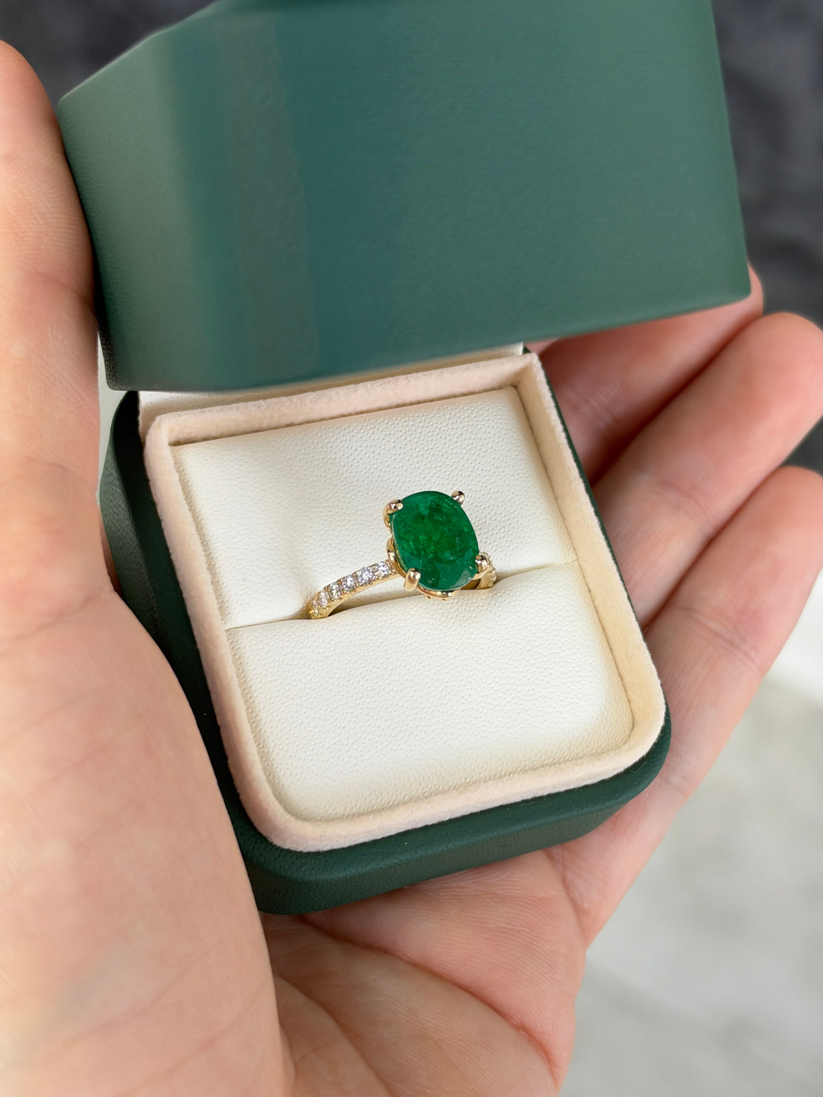 3.34tcw 14K Rich Green Oval Emerald & Hidden Lab Diamond Halo With Diamond Shank Ring