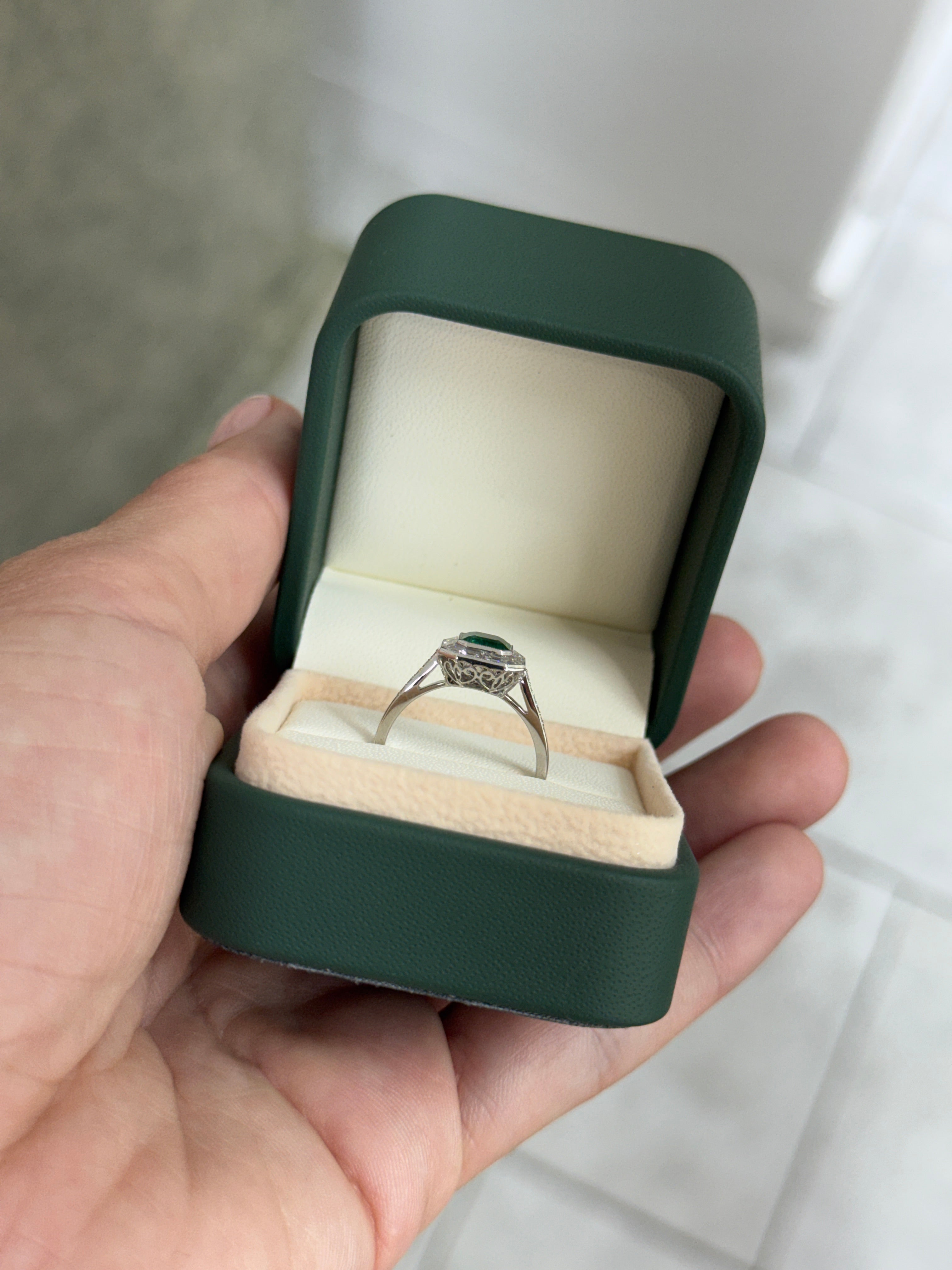 1.55tcw AAA+ Platinum Asscher Cut Emerald & Baguette Diamond Halo Art Deco Ring