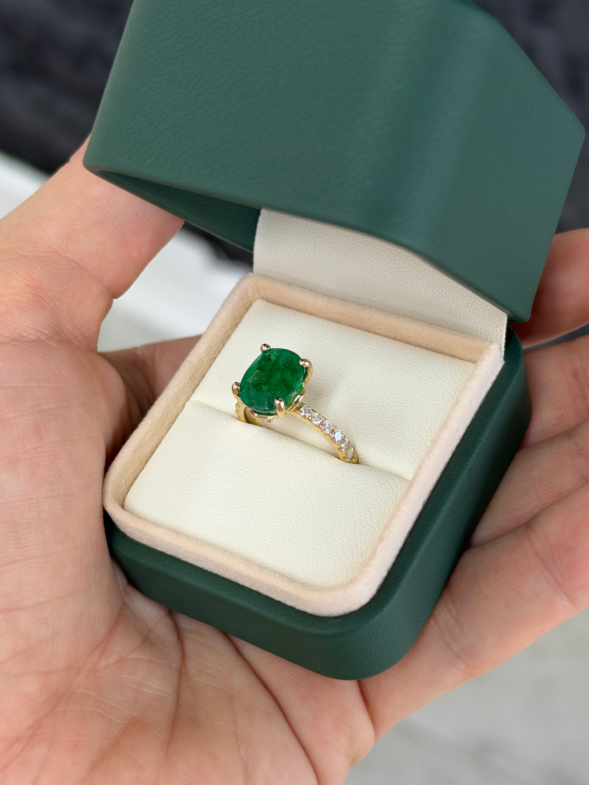 3.34tcw 14K Rich Green Oval Emerald & Hidden Lab Diamond Halo With Diamond Shank Ring