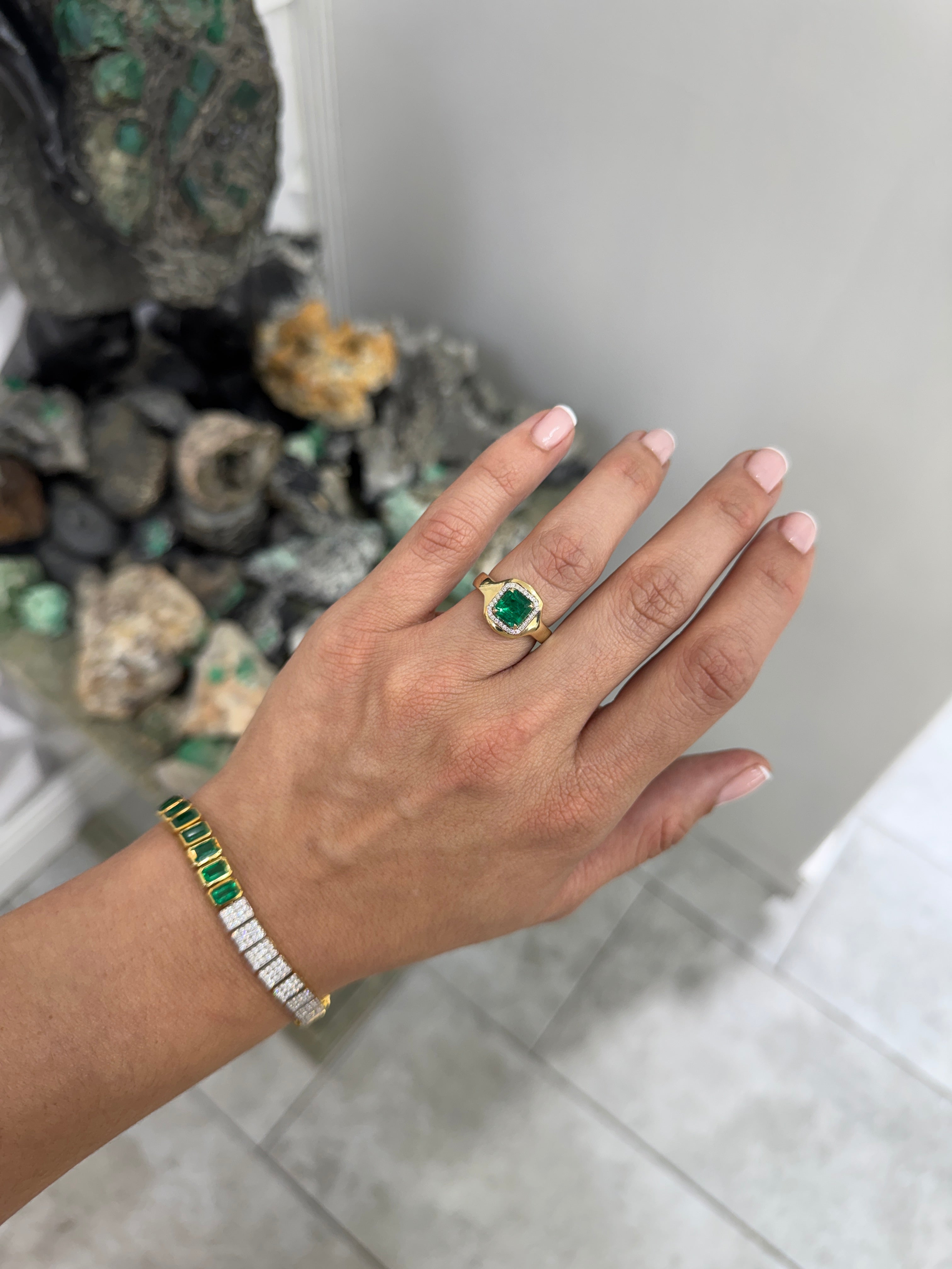 1.60tcw 14K Full Finger Coverage Asscher Cut Emerald & Diamond Halo Accent Statement Ring