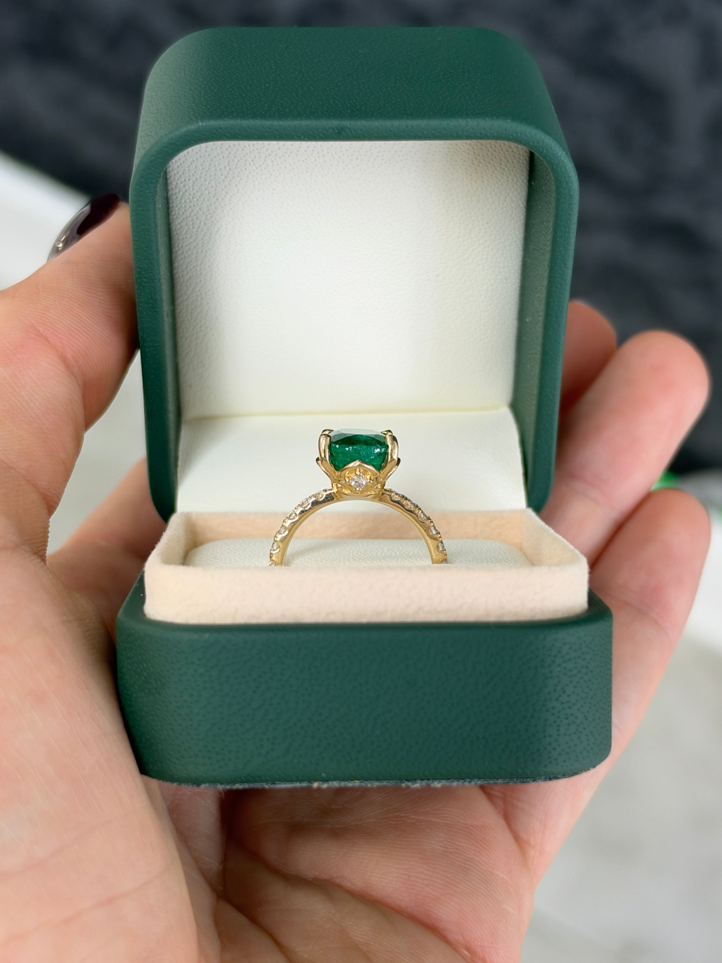 3.34tcw 14K Rich Green Oval Emerald & Hidden Lab Diamond Halo With Diamond Shank Ring