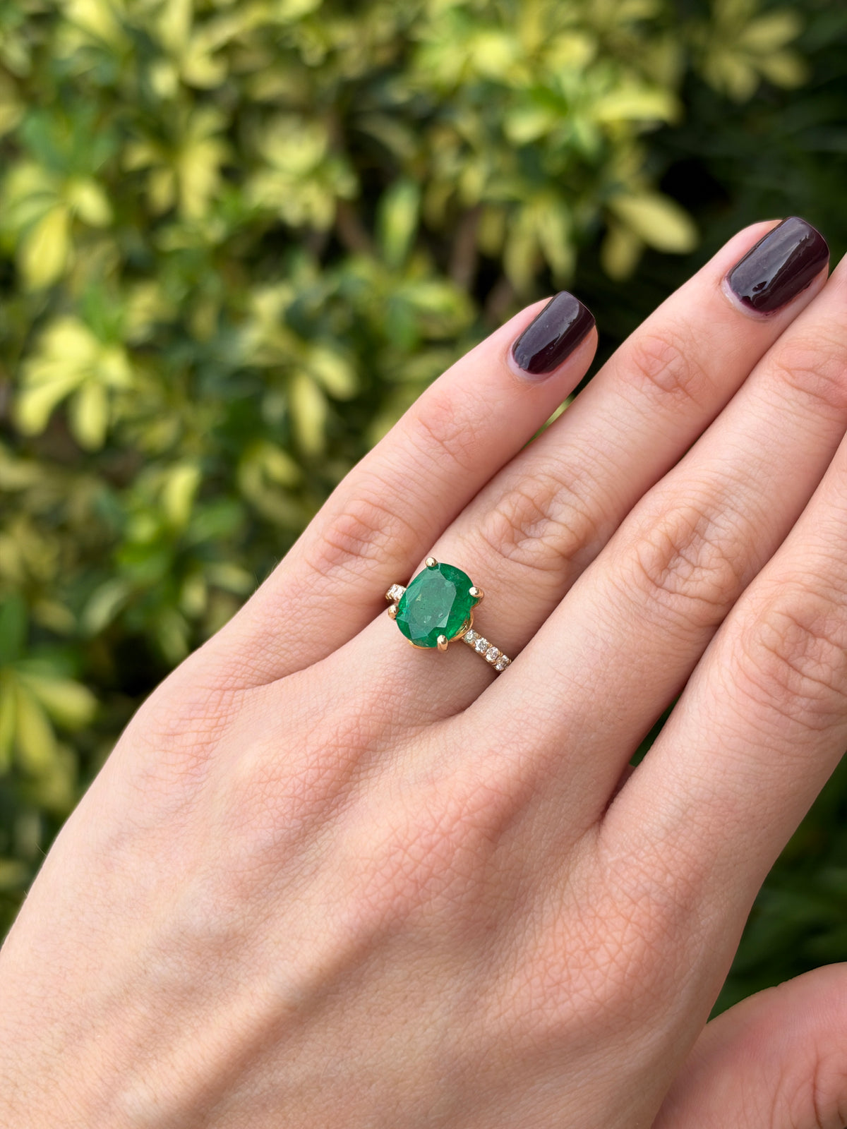 3.34tcw 14K Rich Green Oval Emerald & Hidden Lab Diamond Halo With Diamond Shank Ring
