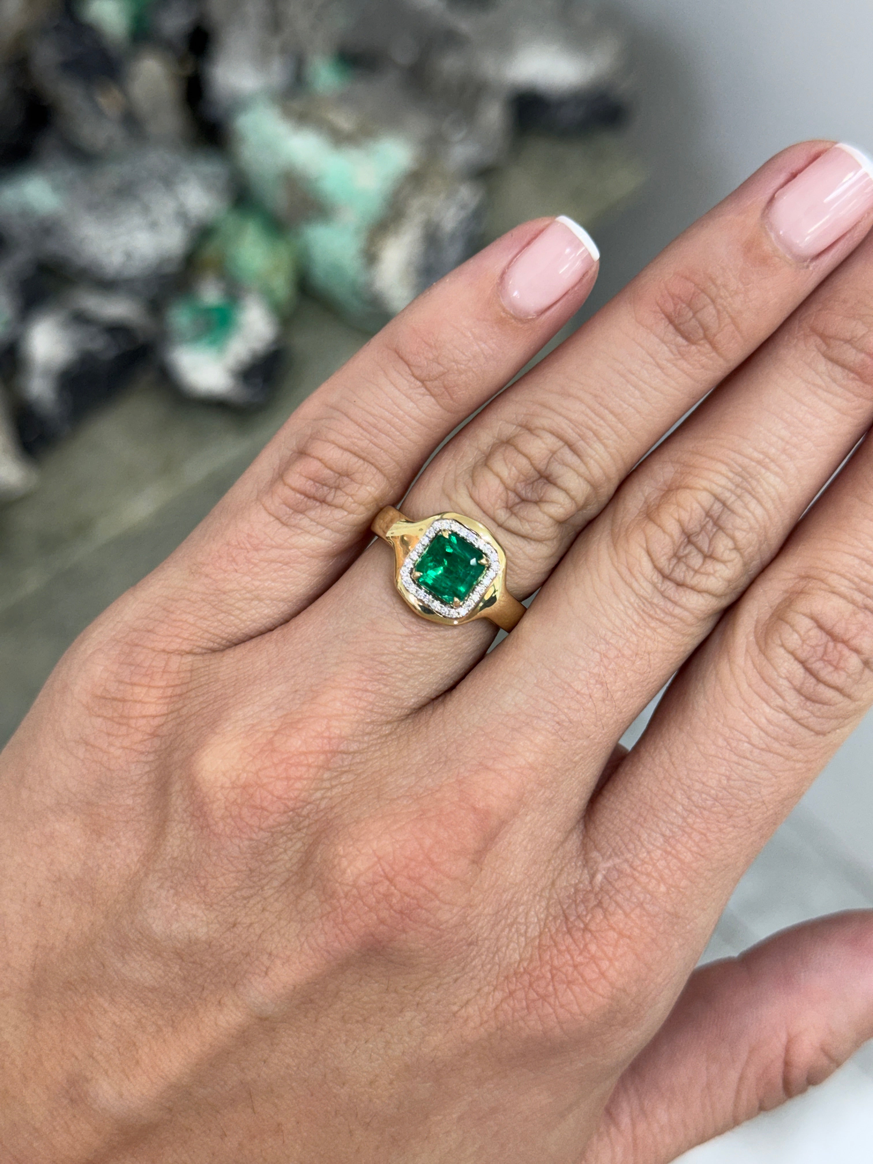 1.60tcw 14K Full Finger Coverage Asscher Cut Emerald & Diamond Halo Accent Statement Ring