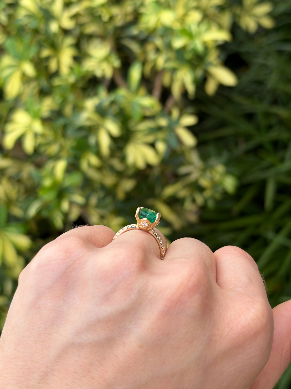 3.34tcw 14K Rich Green Oval Emerald & Hidden Lab Diamond Halo With Diamond Shank Ring