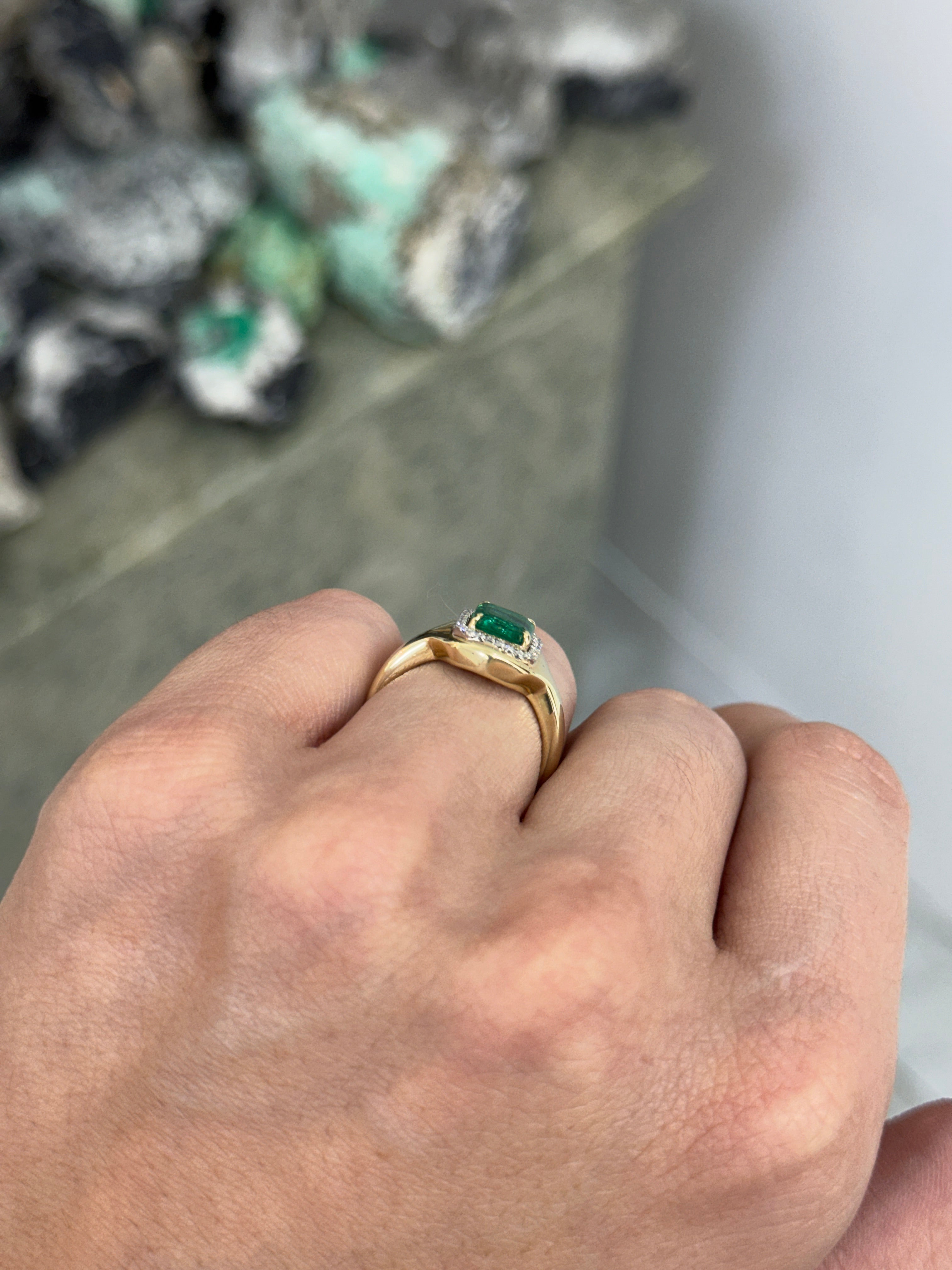 1.60tcw 14K Full Finger Coverage Asscher Cut Emerald & Diamond Halo Accent Statement Ring