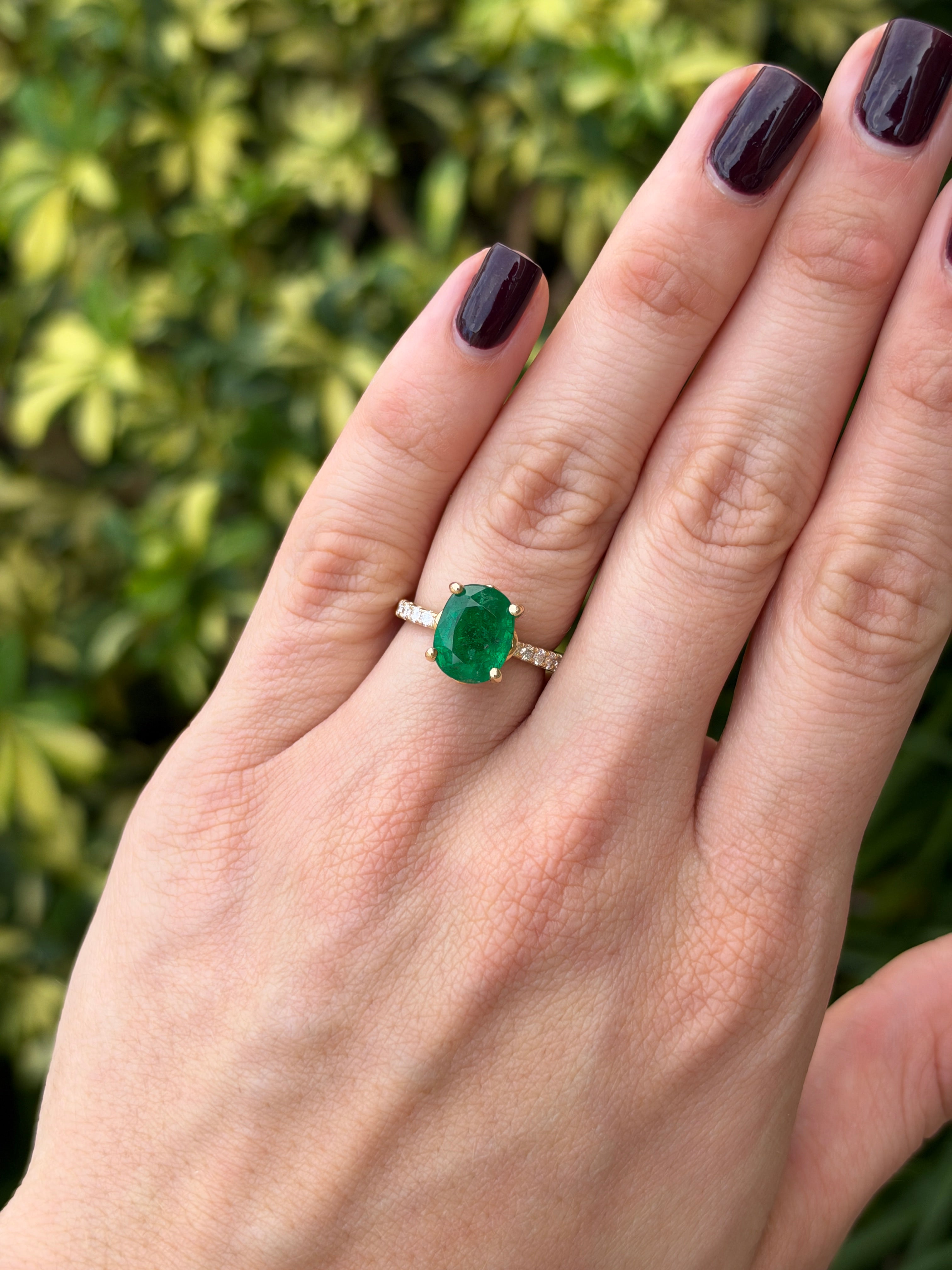 3.34tcw 14K Rich Green Oval Emerald & Hidden Lab Diamond Halo With Diamond Shank Ring