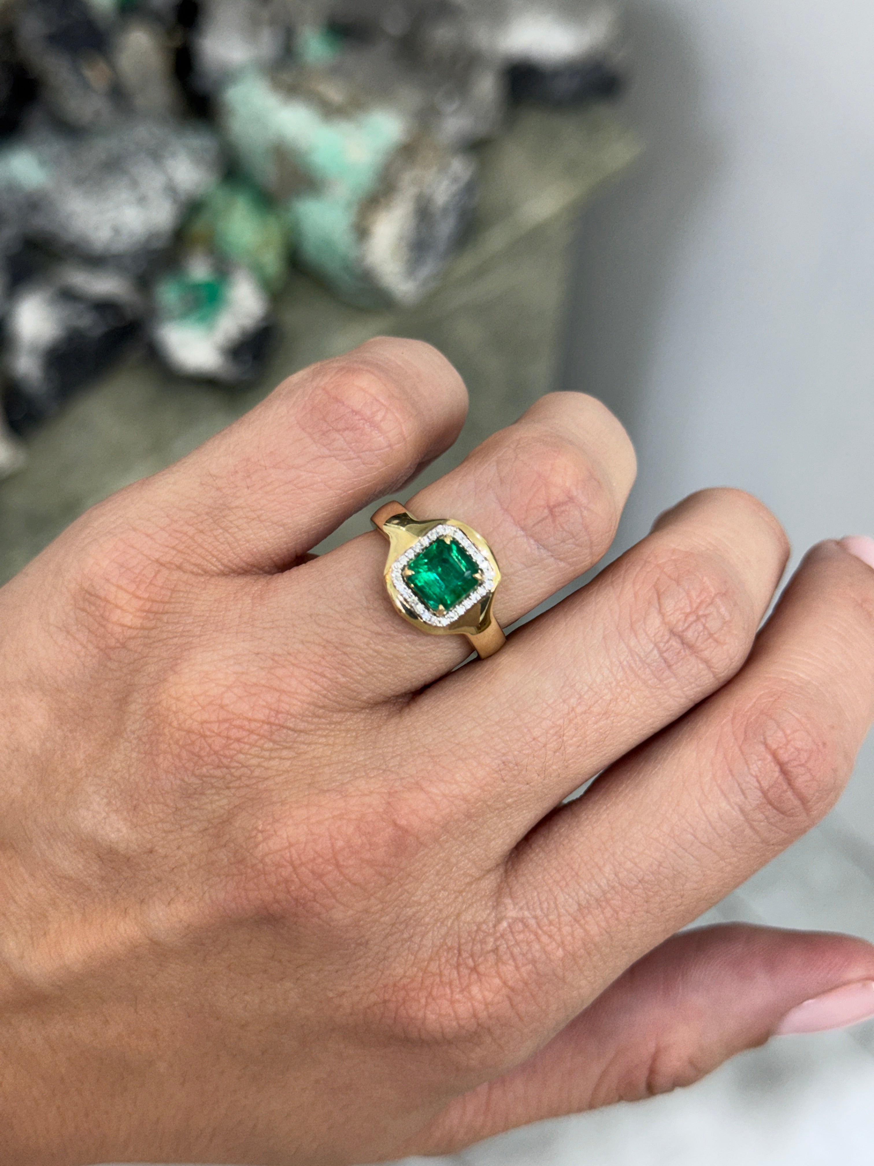 1.60tcw 14K Full Finger Coverage Asscher Cut Emerald & Diamond Halo Accent Statement Ring
