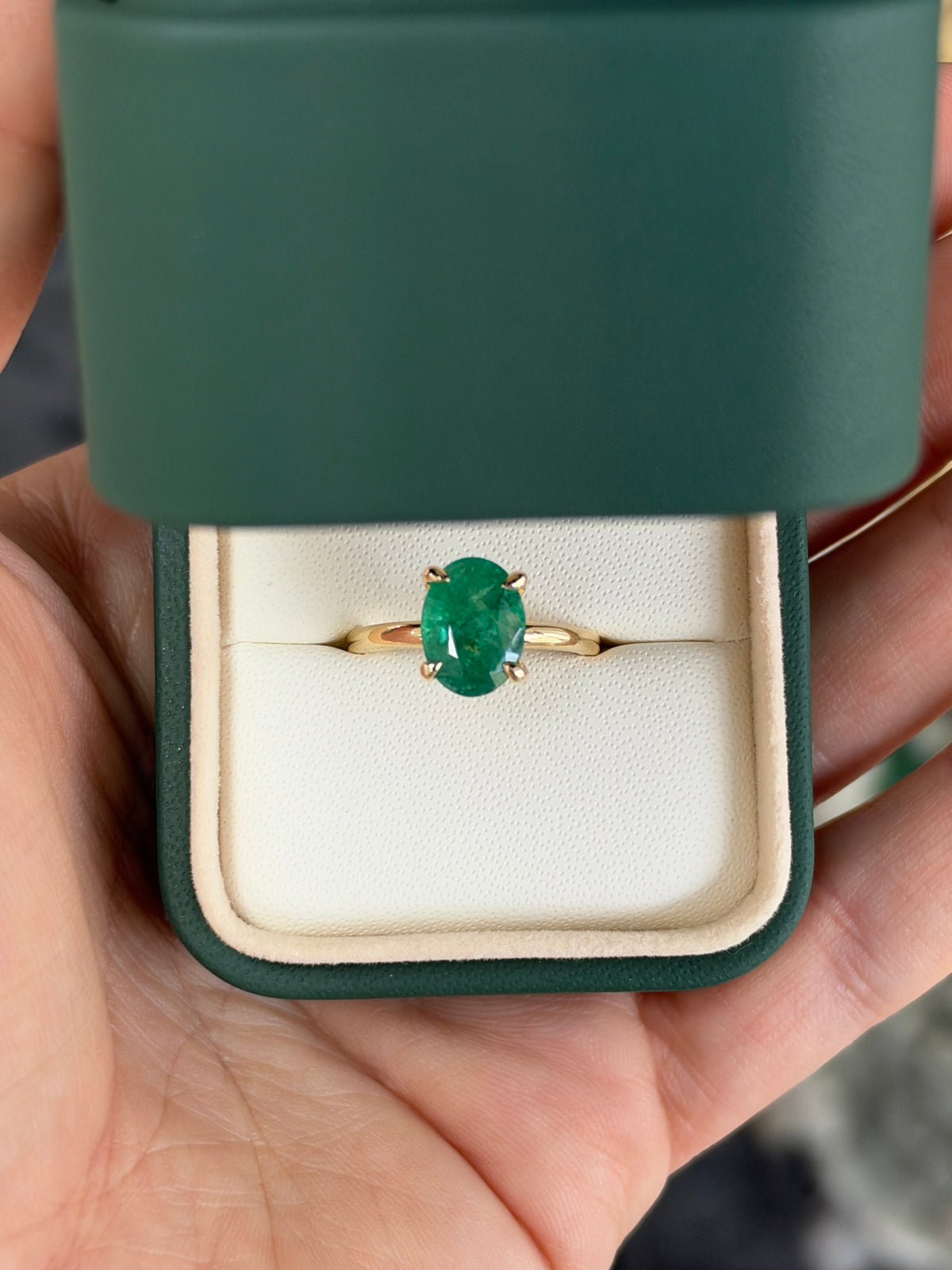 2.37ct 14K Natural Medium Green Oval Solitaire Four Prong Ring