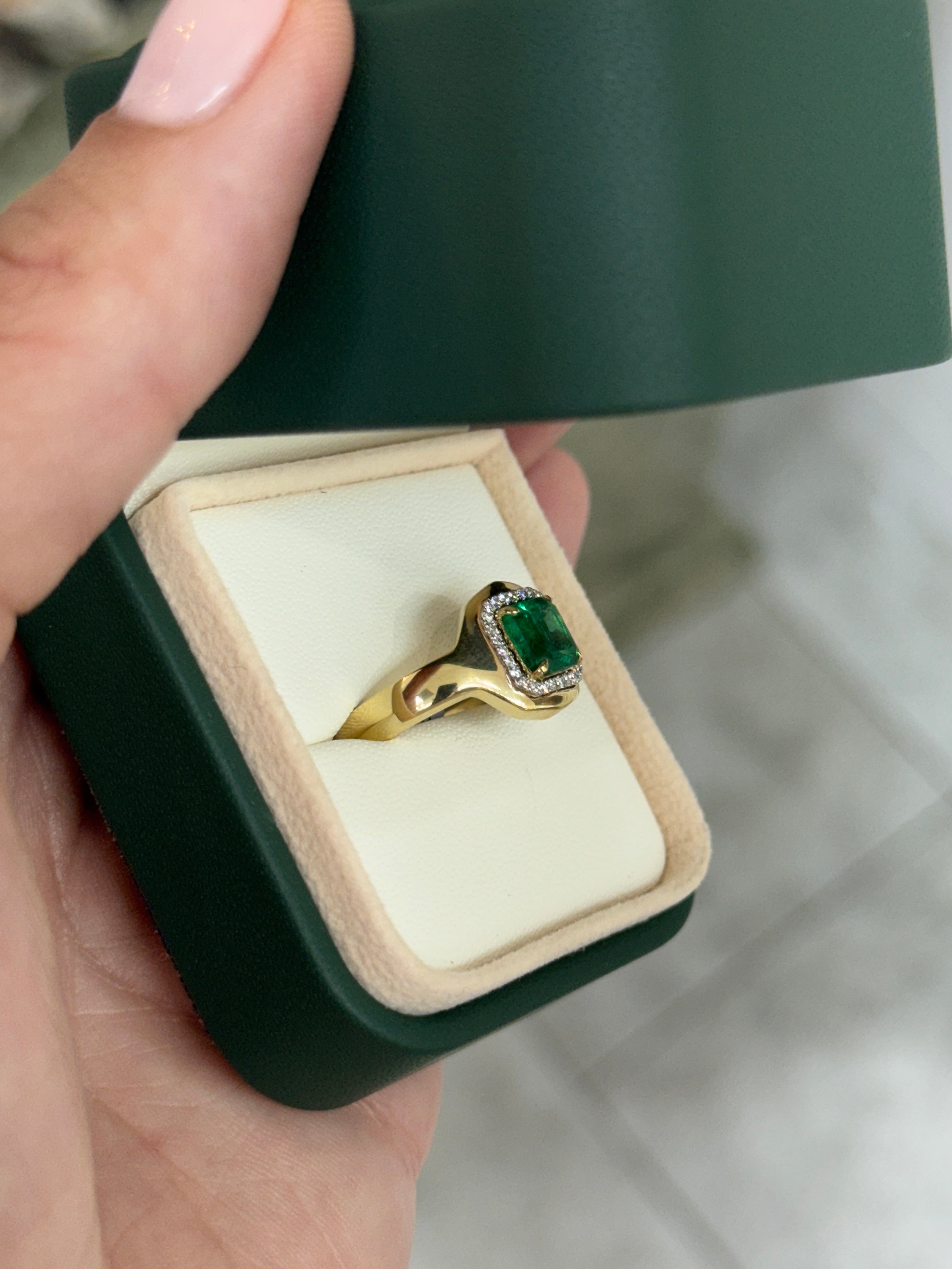 1.60tcw 14K Full Finger Coverage Asscher Cut Emerald & Diamond Halo Accent Statement Ring