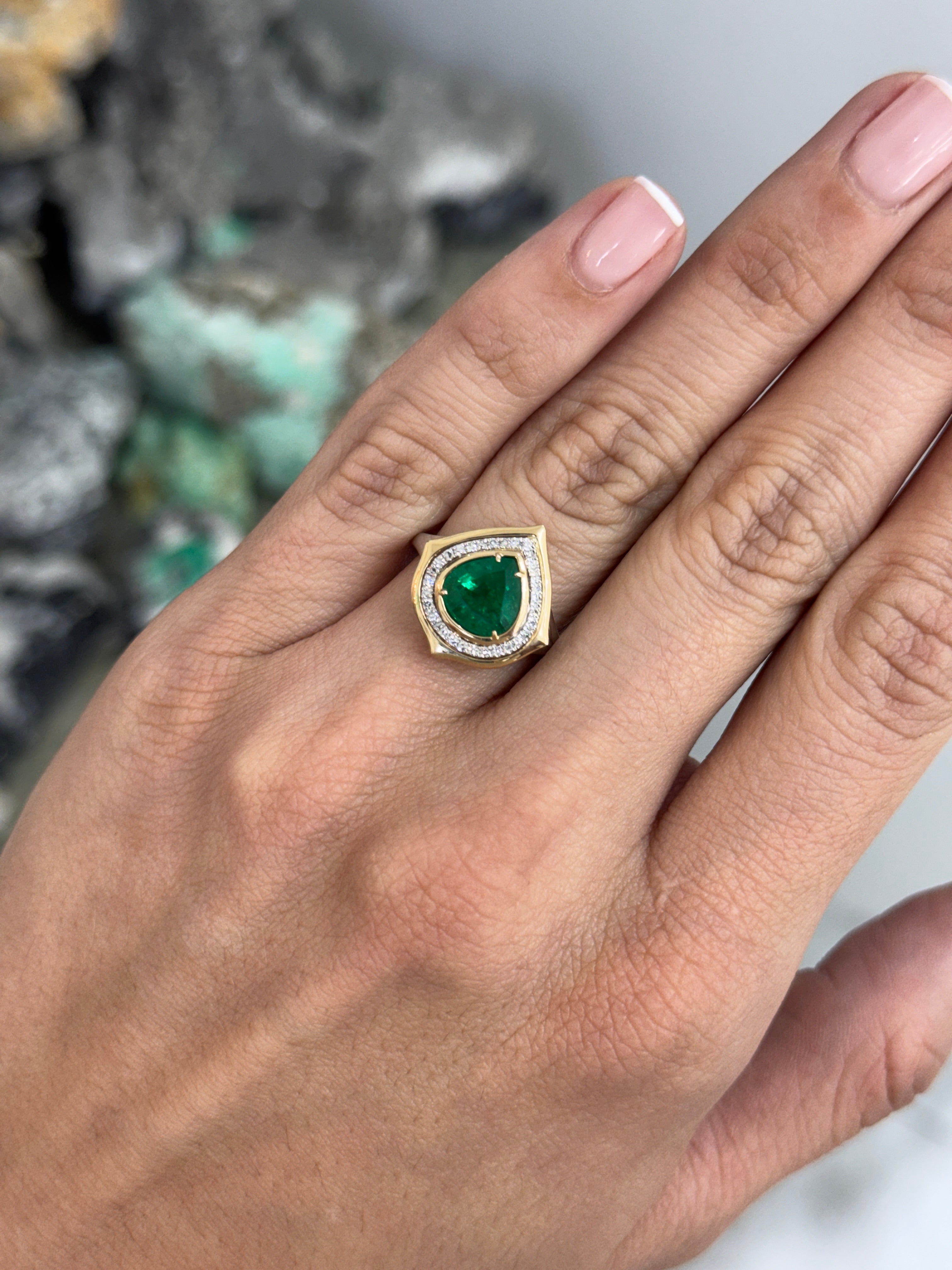 2.19tcw Chunky Natural Pear Emerald & Diamond Halo 14K & Platinum Split Shank Statement Ring