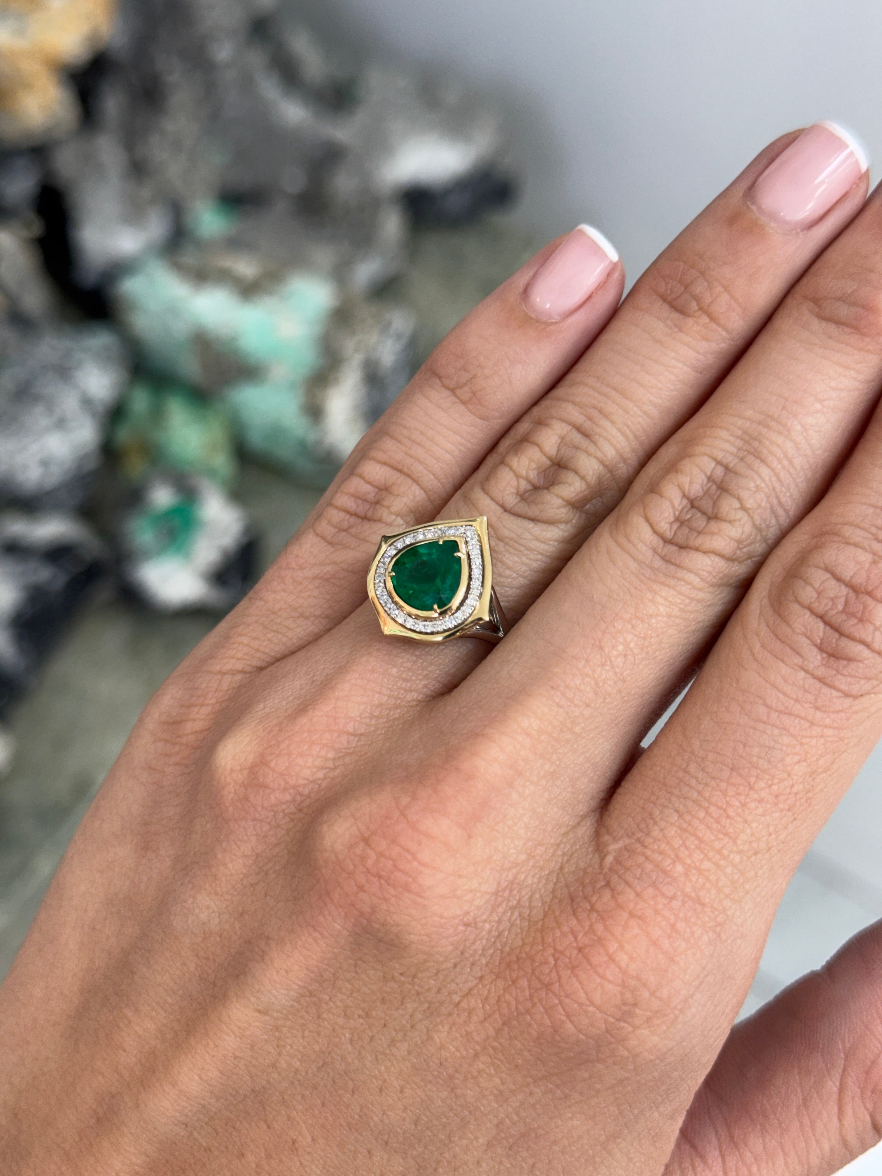2.19tcw Chunky Natural Pear Emerald & Diamond Halo 14K & Platinum Split Shank Statement Ring