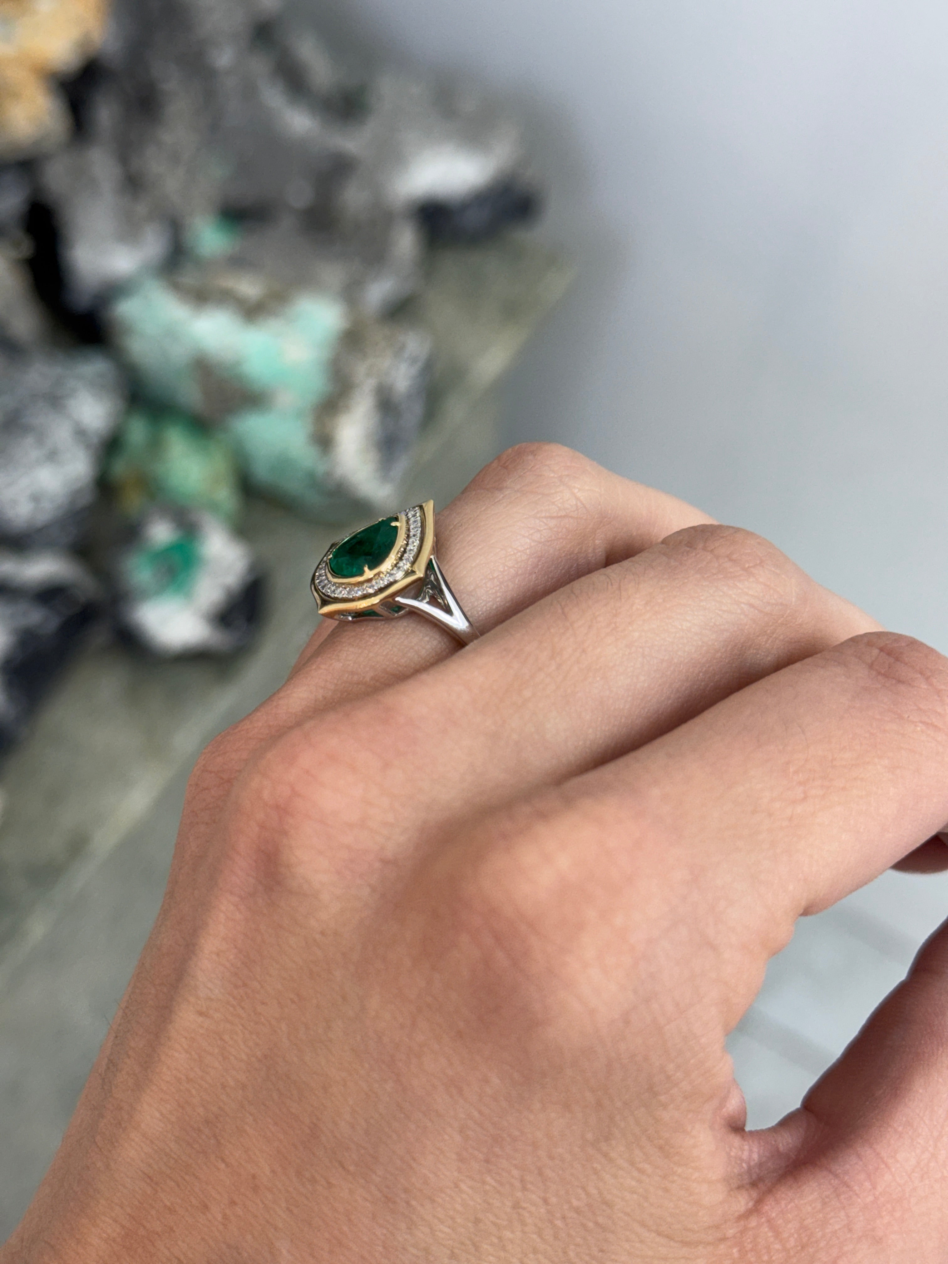 2.19tcw Chunky Natural Pear Emerald & Diamond Halo 14K & Platinum Split Shank Statement Ring