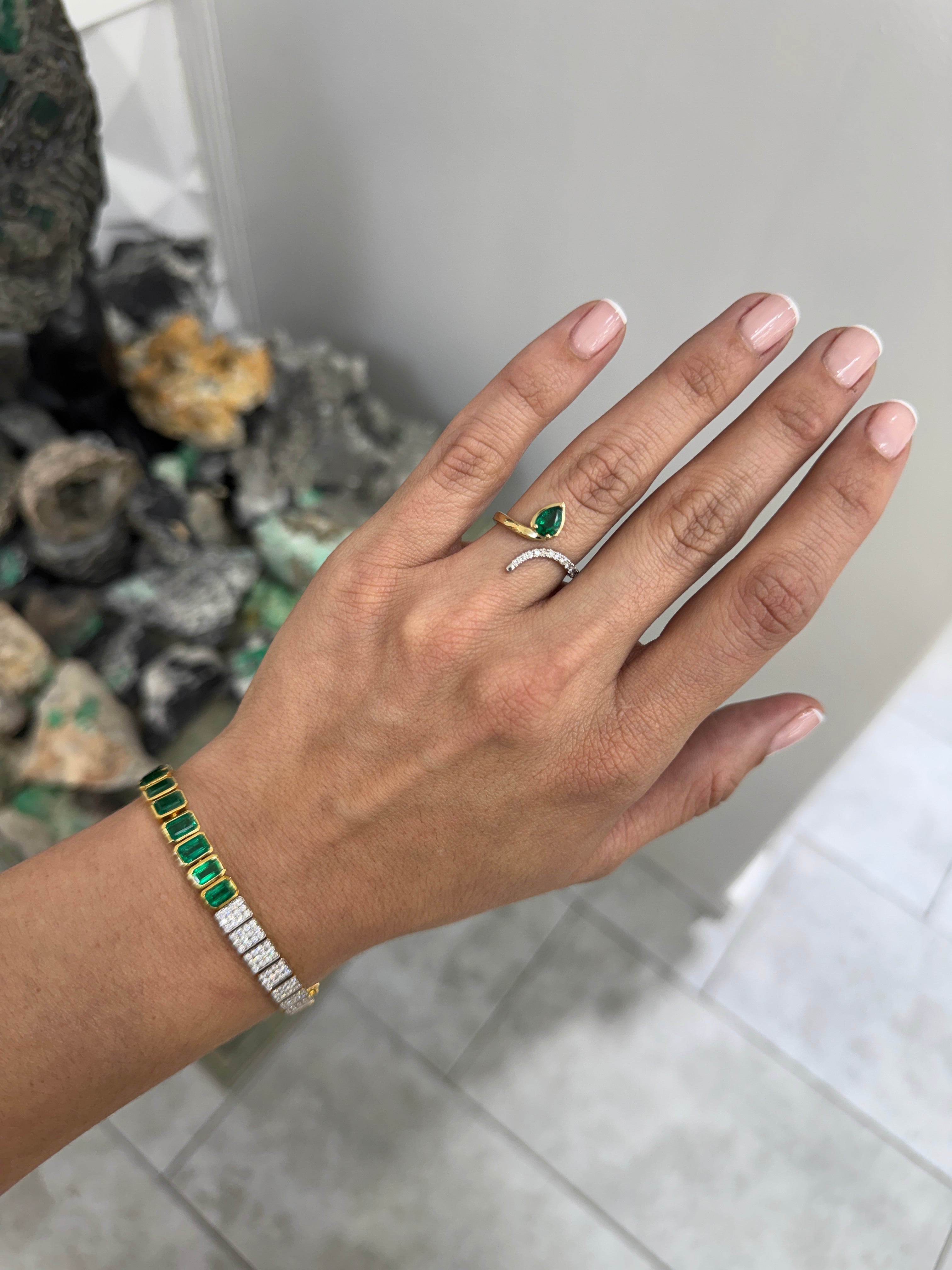 Serpent Pear Cut Emerald & Diamond Accent Bypass Ring 14K/PLAT