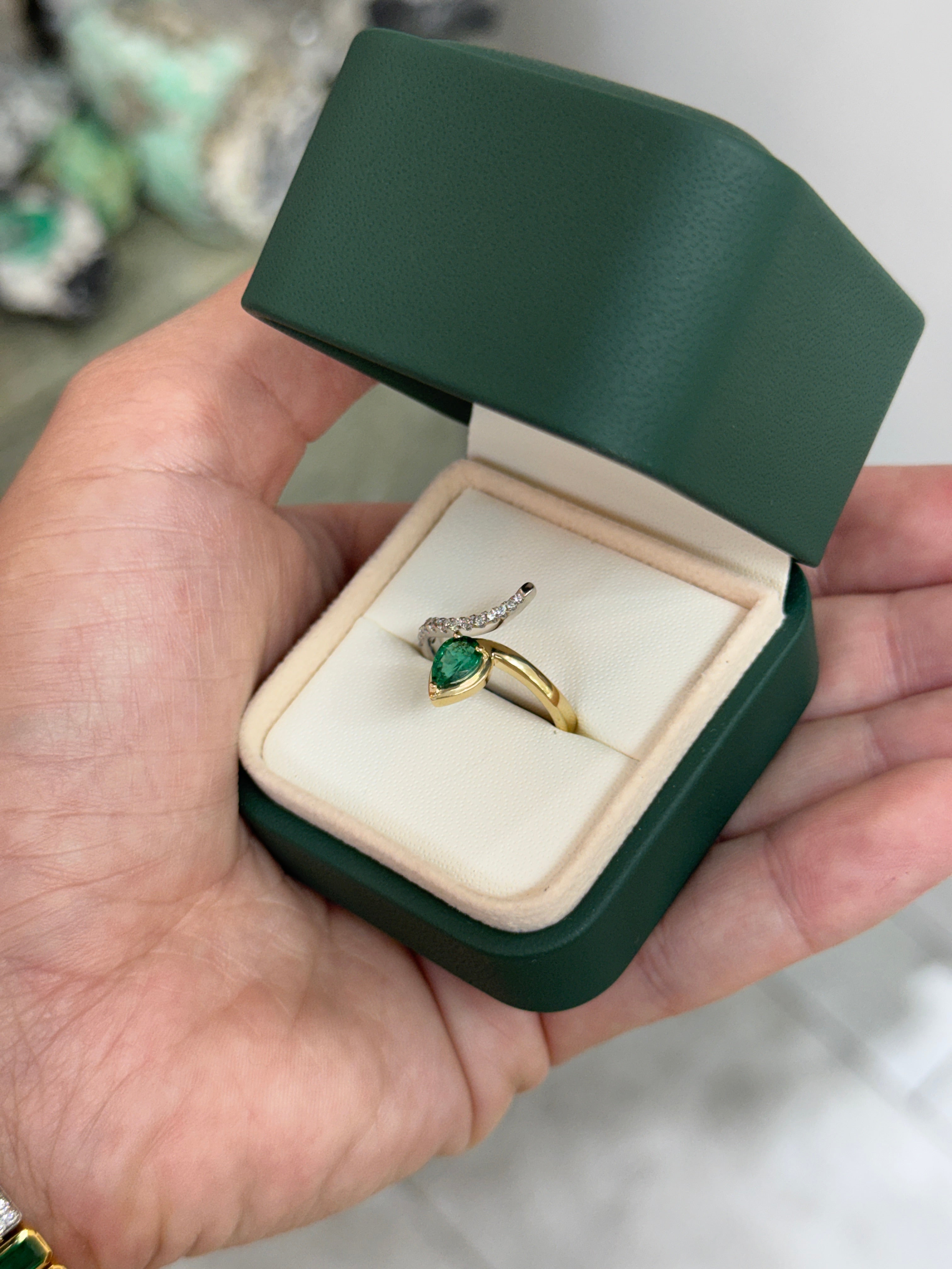 Serpent Pear Cut Emerald & Diamond Accent Bypass Ring 14K/PLAT