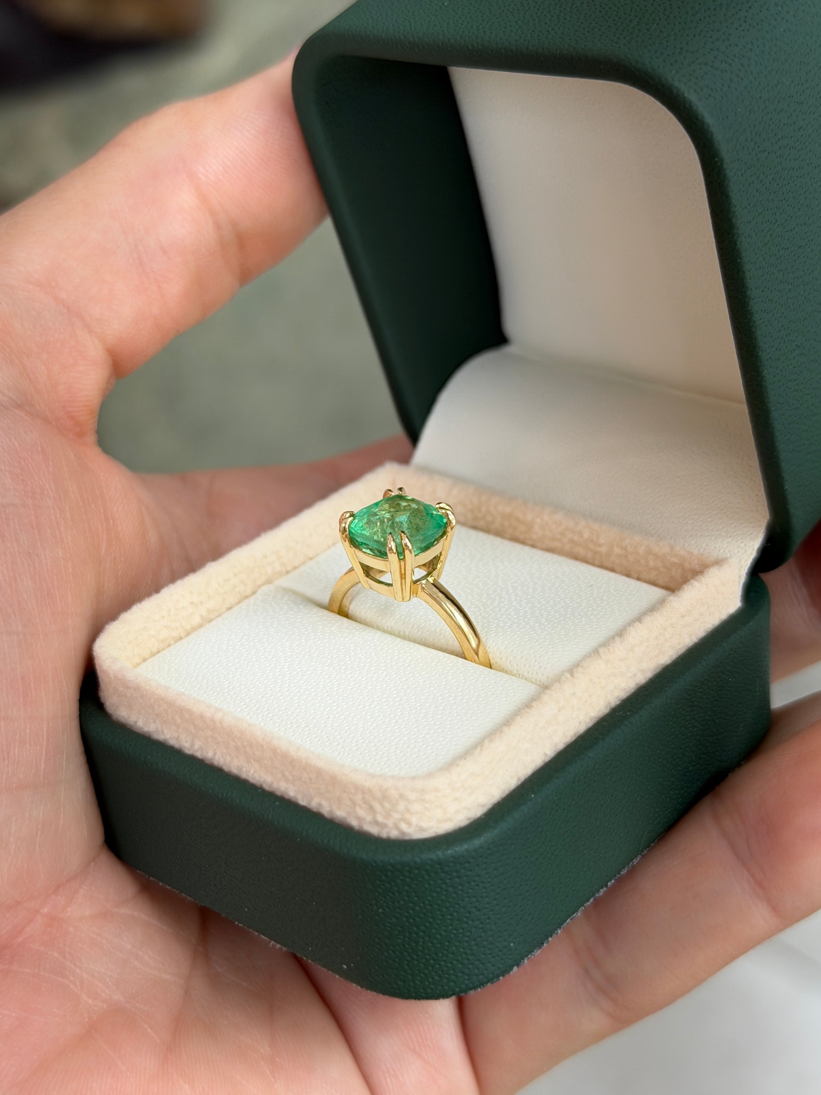 3.25 Carat Glowing Cushion Cut Colombian Emerald Double Prong Solitaire Ring 18K