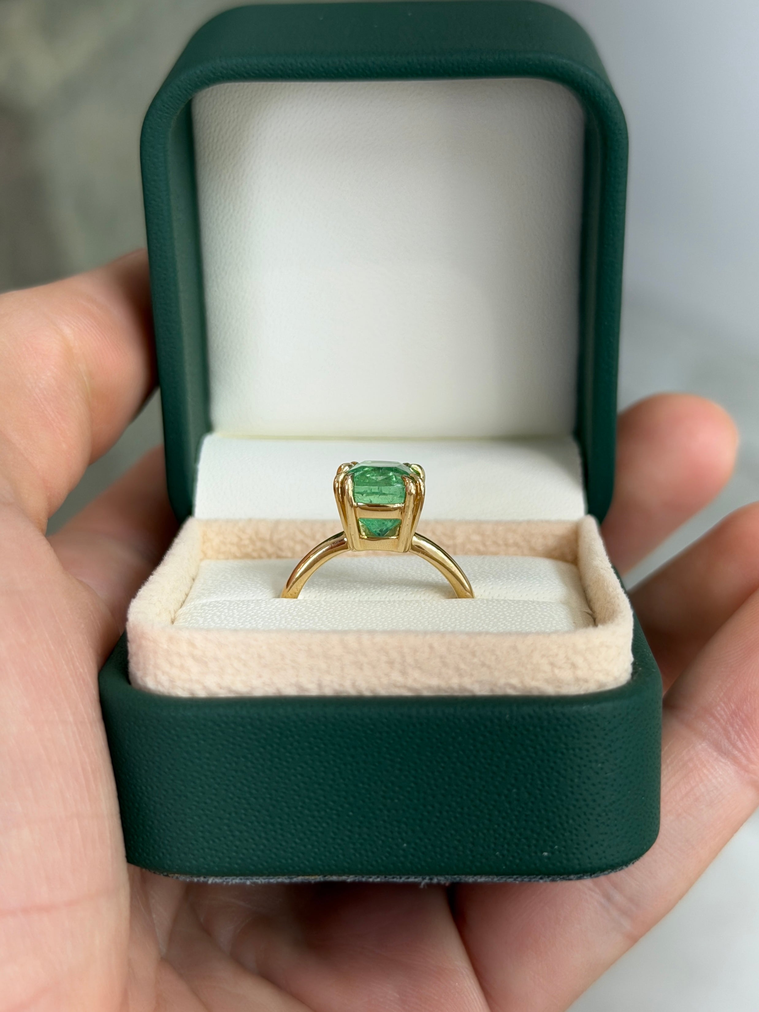 3.25 Carat Glowing Cushion Cut Colombian Emerald Double Prong Solitaire Ring 18K