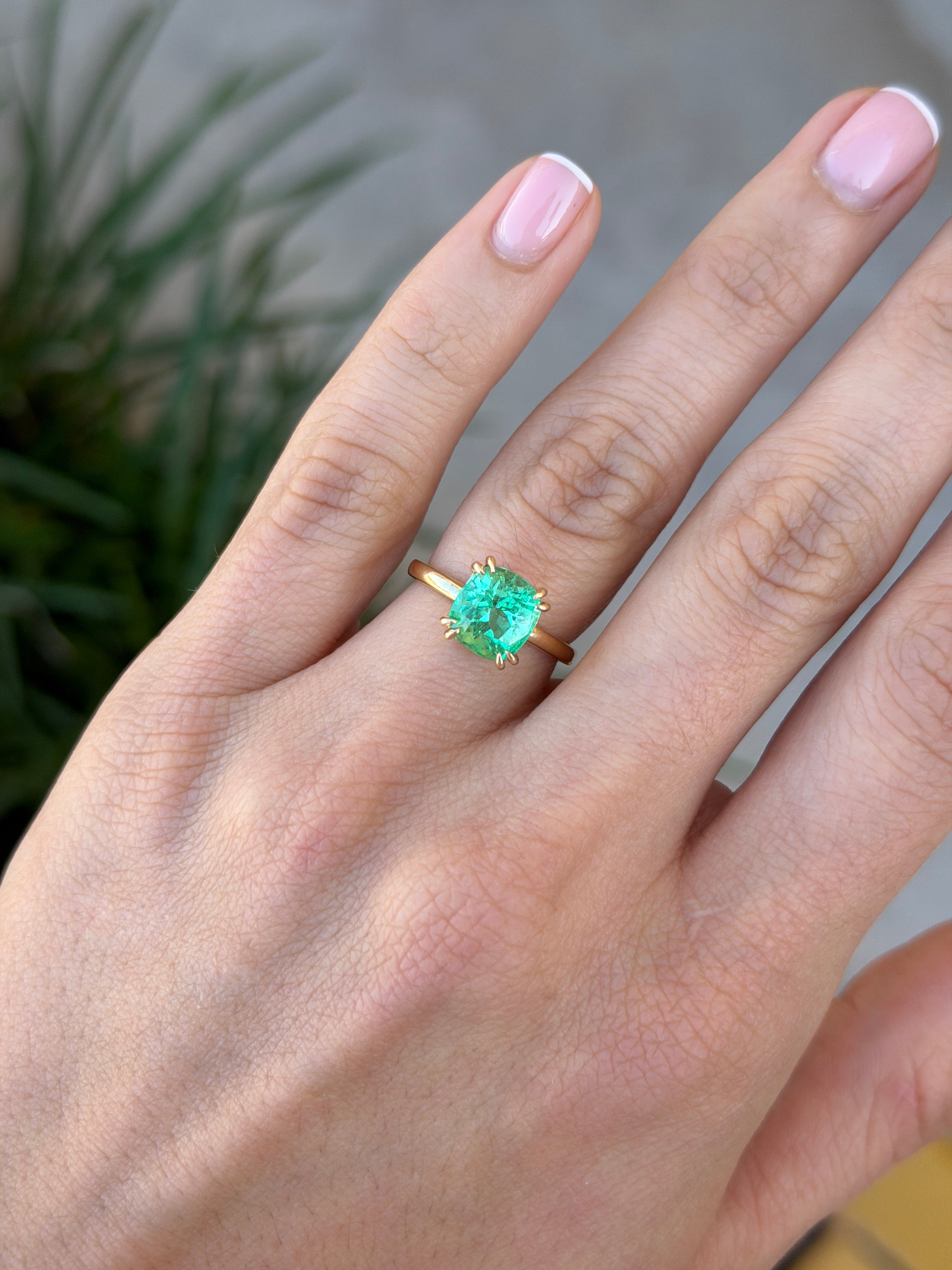 3.25 Carat Glowing Cushion Cut Colombian Emerald Double Prong Solitaire Ring 18K