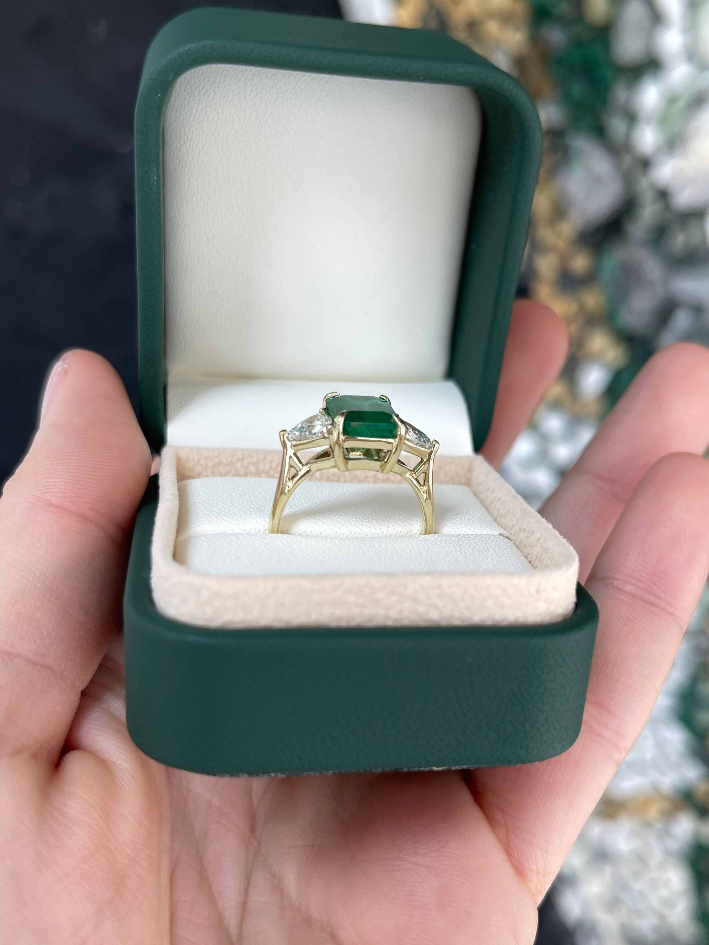 3.06tcw Natural Emerald & Lab Diamond Trillion Three Stone Ring 14K