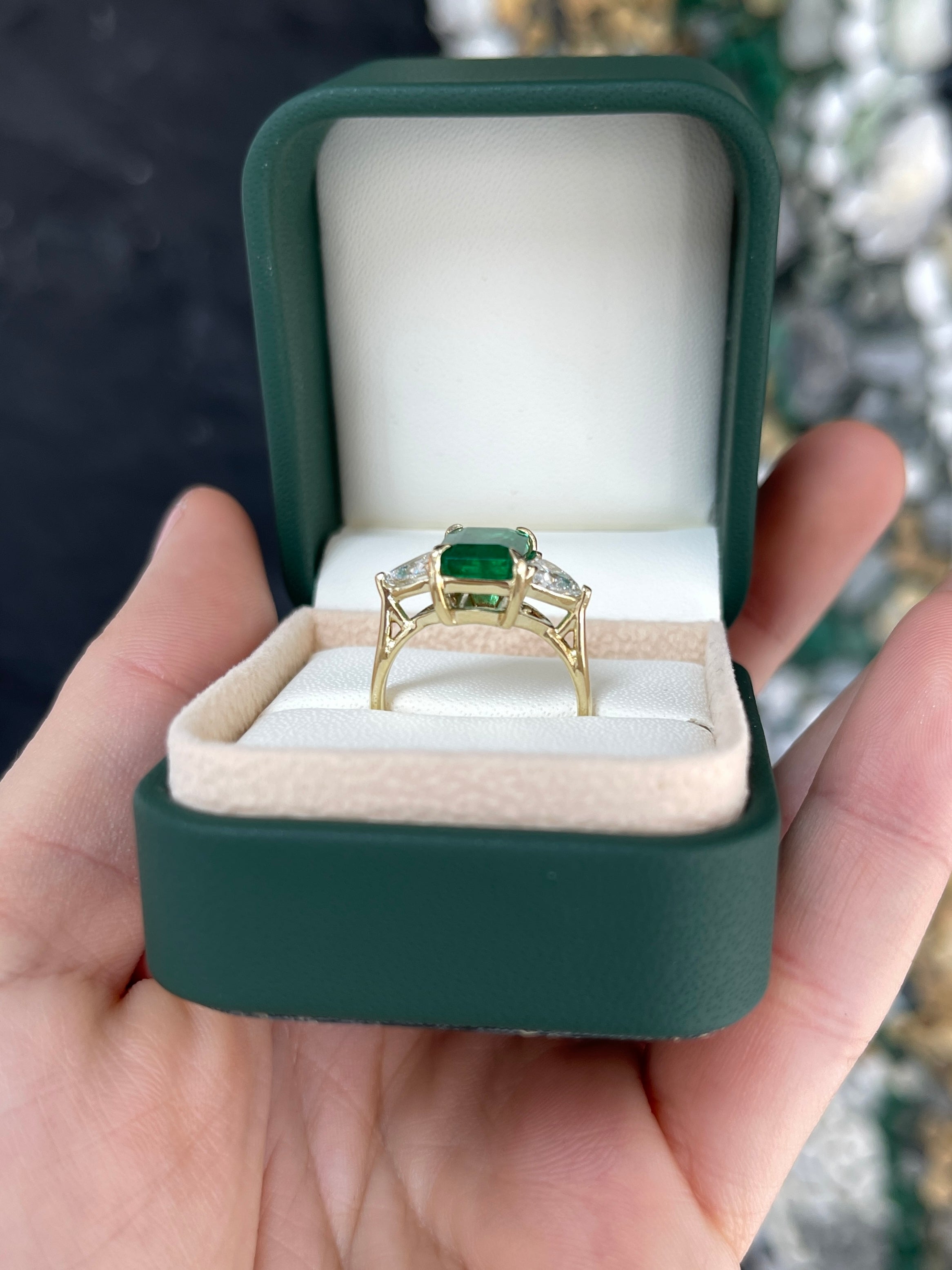 3.06tcw Natural Emerald & Lab Diamond Trillion Three Stone Ring 14K