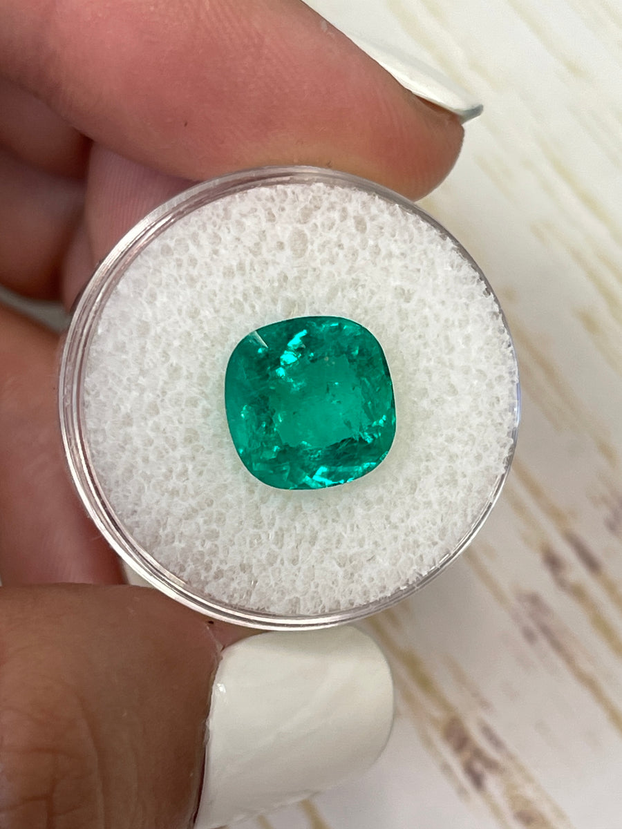 Vivid Bluish Green Loose Colombian Emerald - 4.75 Carat Cushion Cut Gem