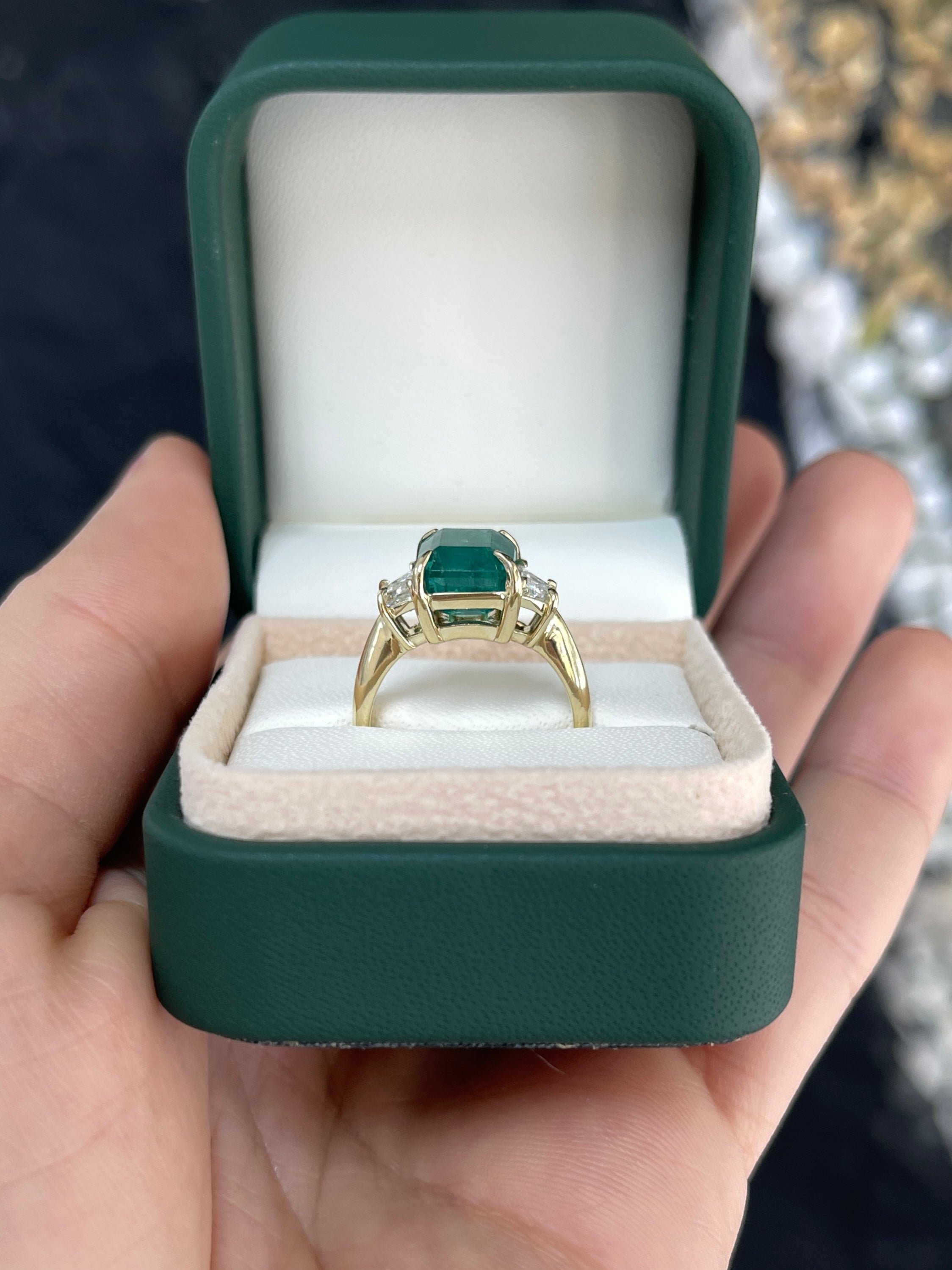 5.03tcw Natural Emerald & Trapezoid Lab Diamond Three Stone Ring 14K