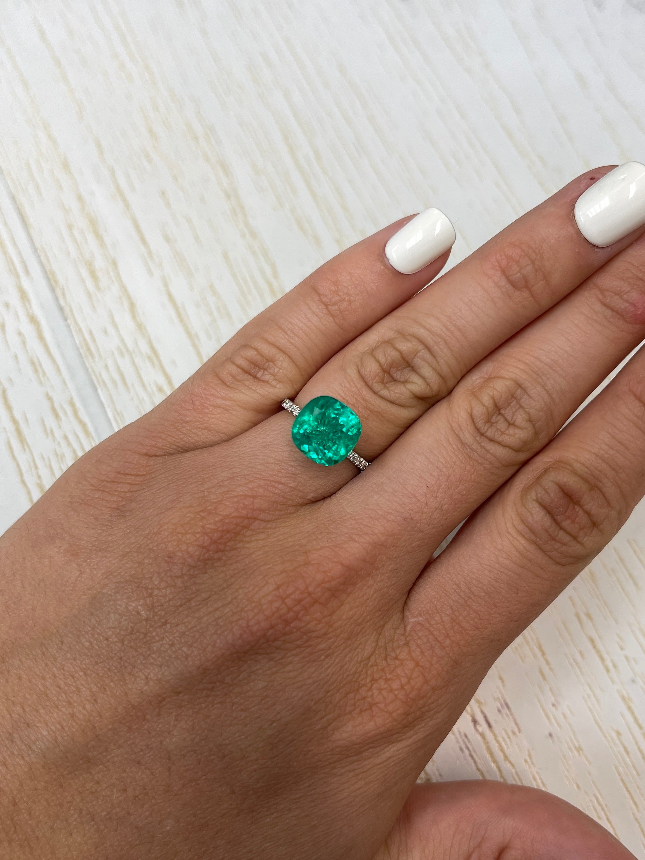 4.75 Carat 10.5x10.5 Vivid Bluish Green Natural Loose Colombian Emerald- Cushion Cut - JR Colombian Emeralds