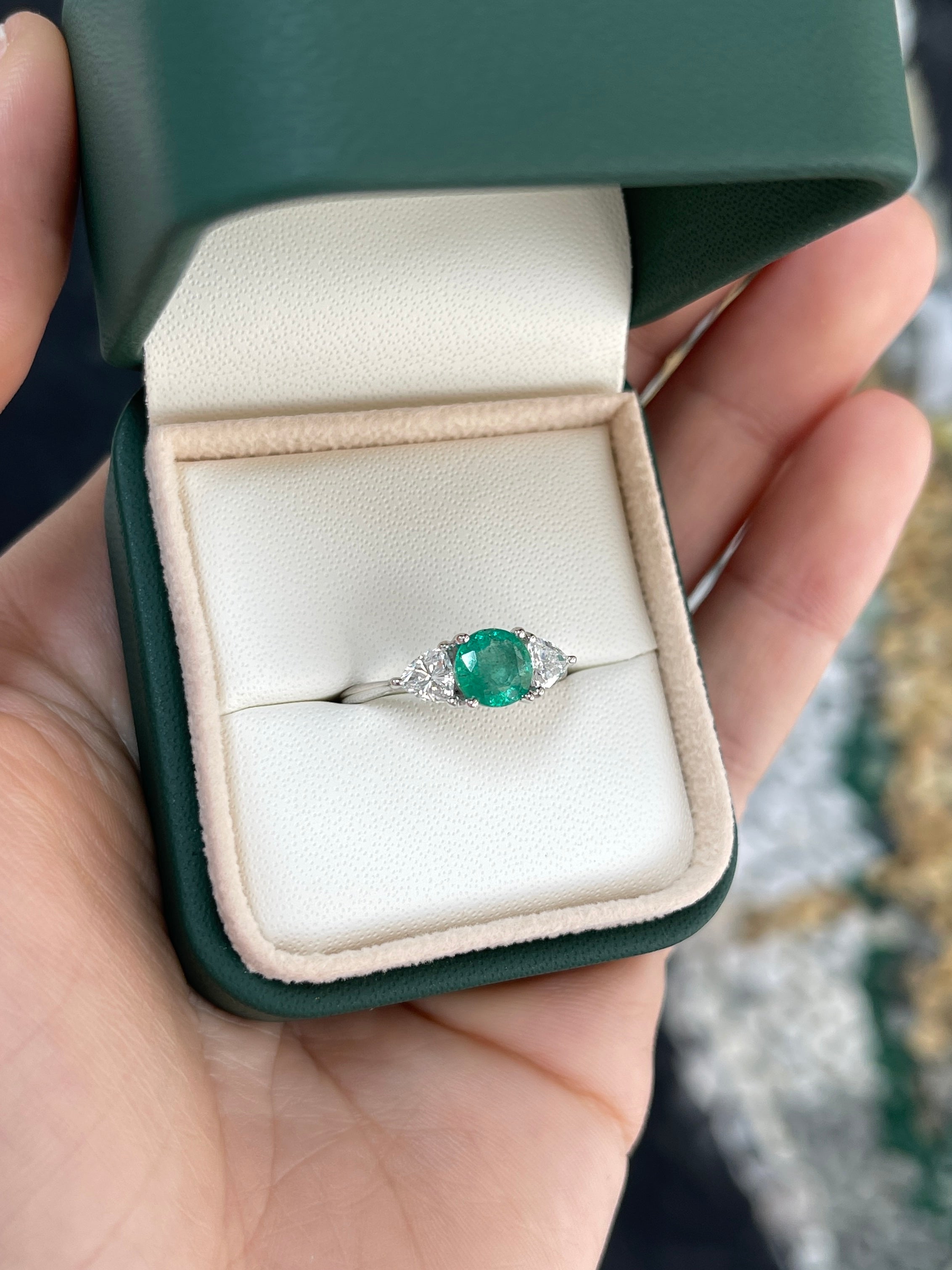 1.55tcw Natural Round Emerald & Trillion Lab Diamond 14K White Gold Three Stone Ring