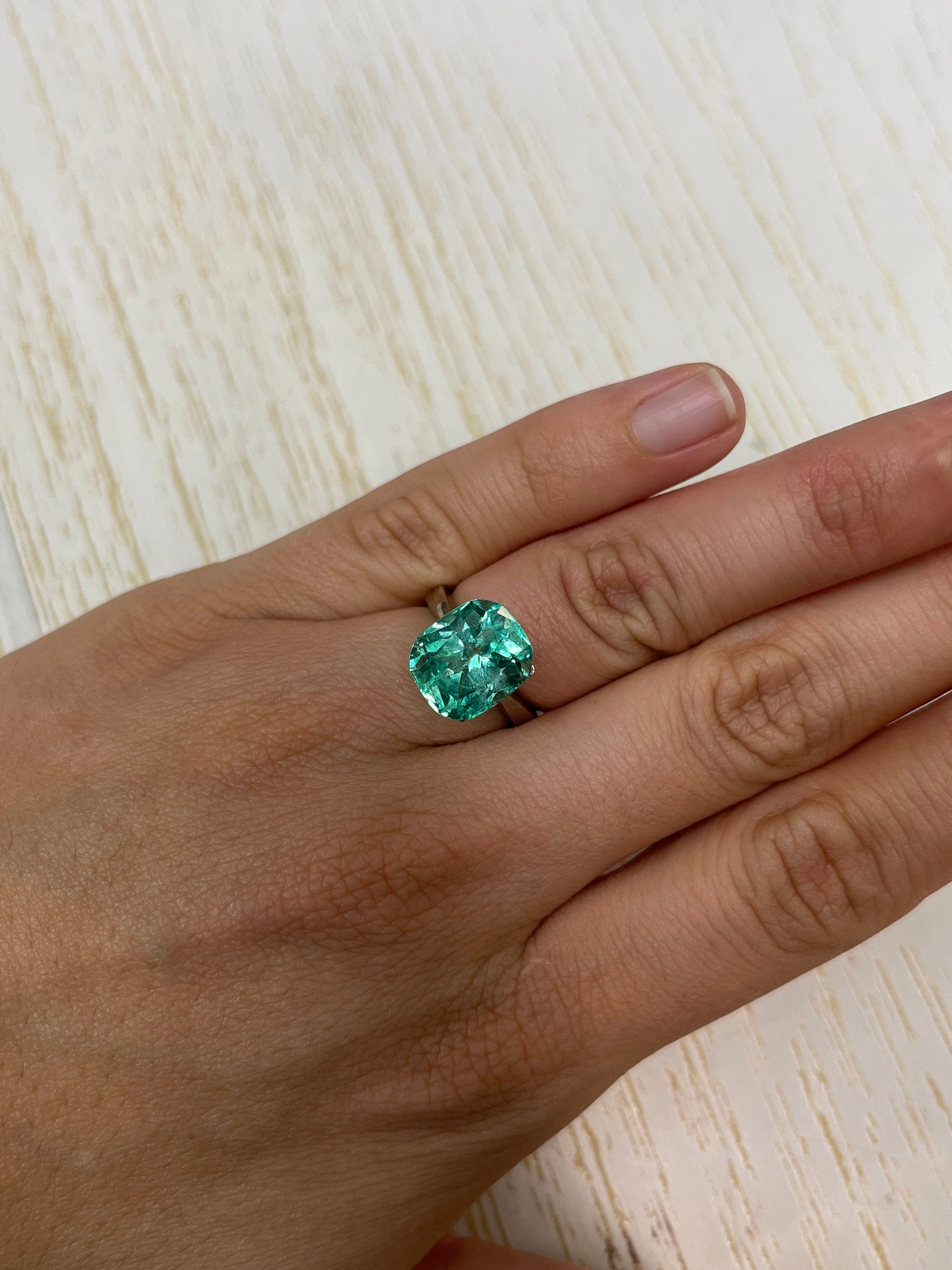 7.13 Carat 13x11 Vivacious Bluish Green Natural Loose Colombian Emerald- Cushion Cut - JR Colombian Emeralds