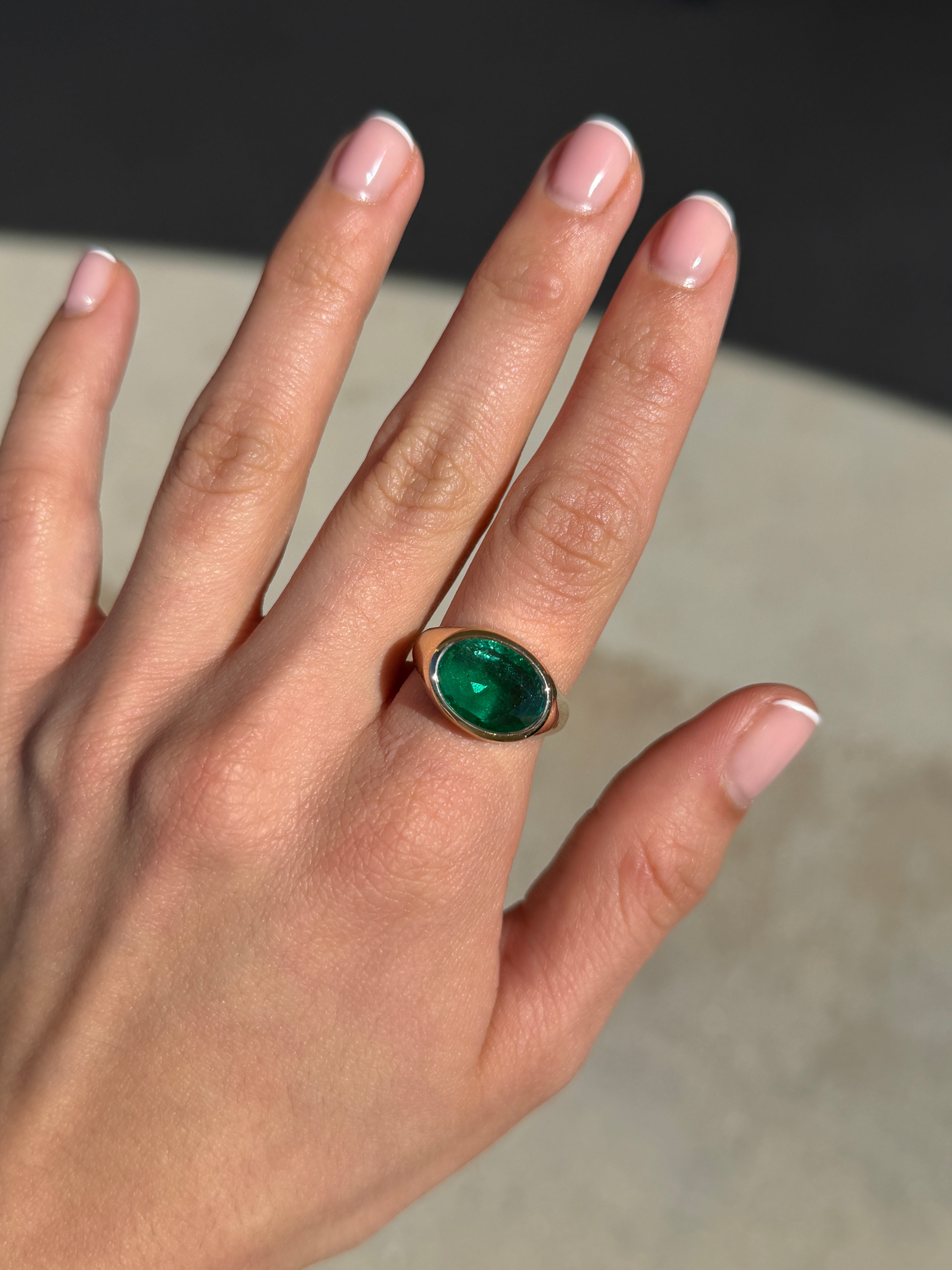 5.87 Carat East to West Oval Emerald Signet Ring 14K Gold