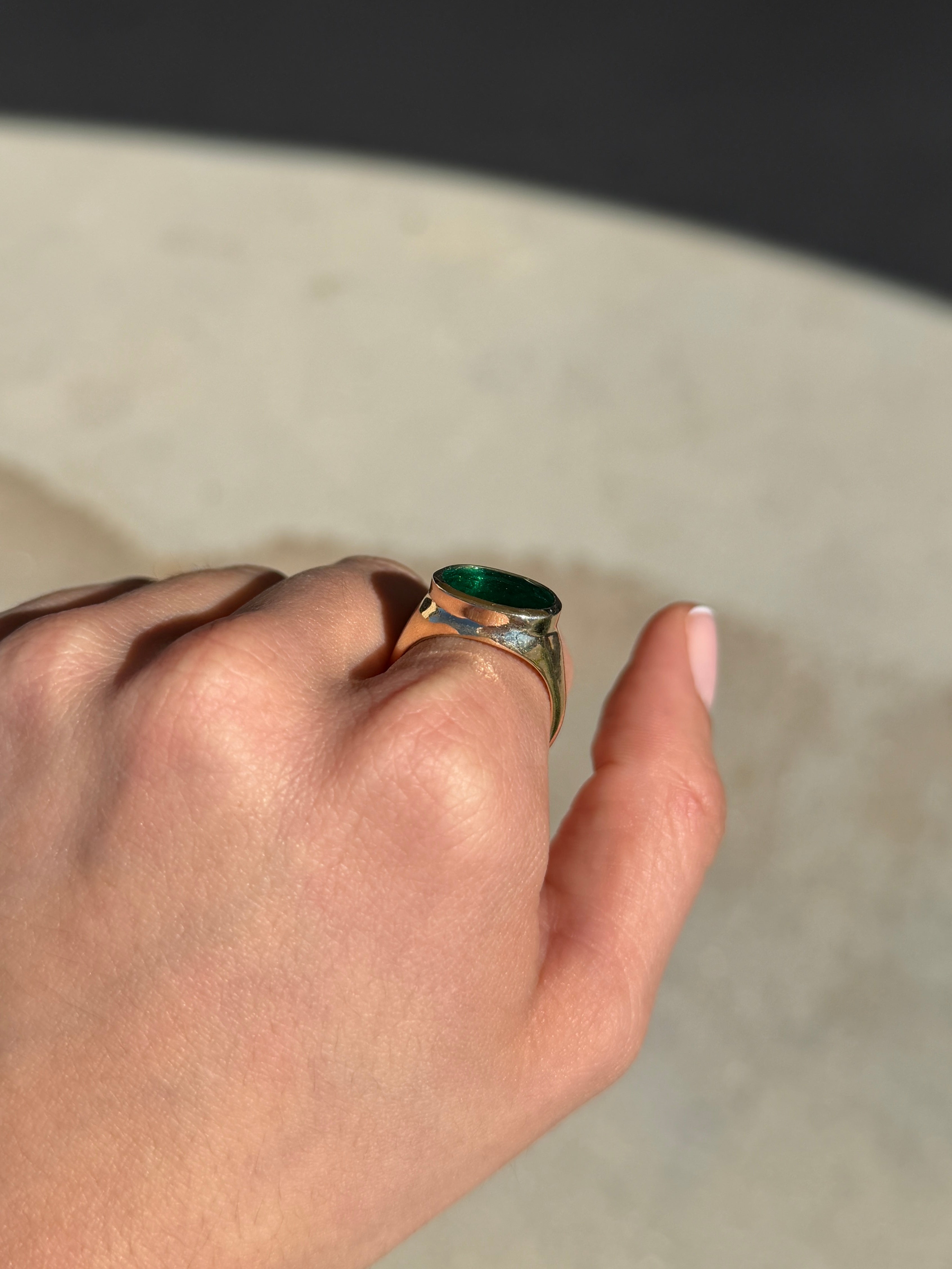 5.87 Carat East to West Oval Emerald Signet Ring 14K Gold
