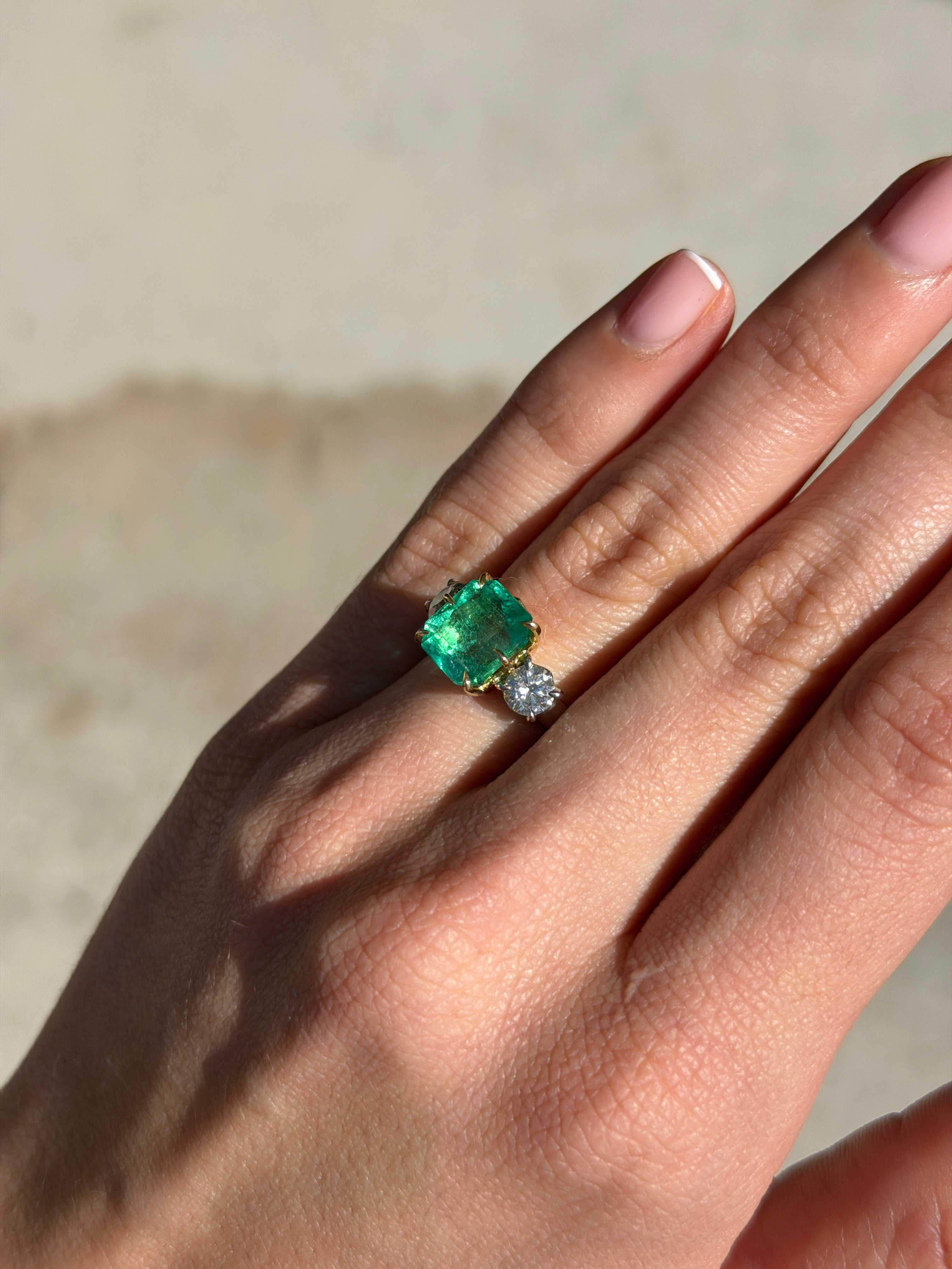 5.20tcw 18K Vivid Colombian Emerald Asscher & Diamond Three Stone Ring