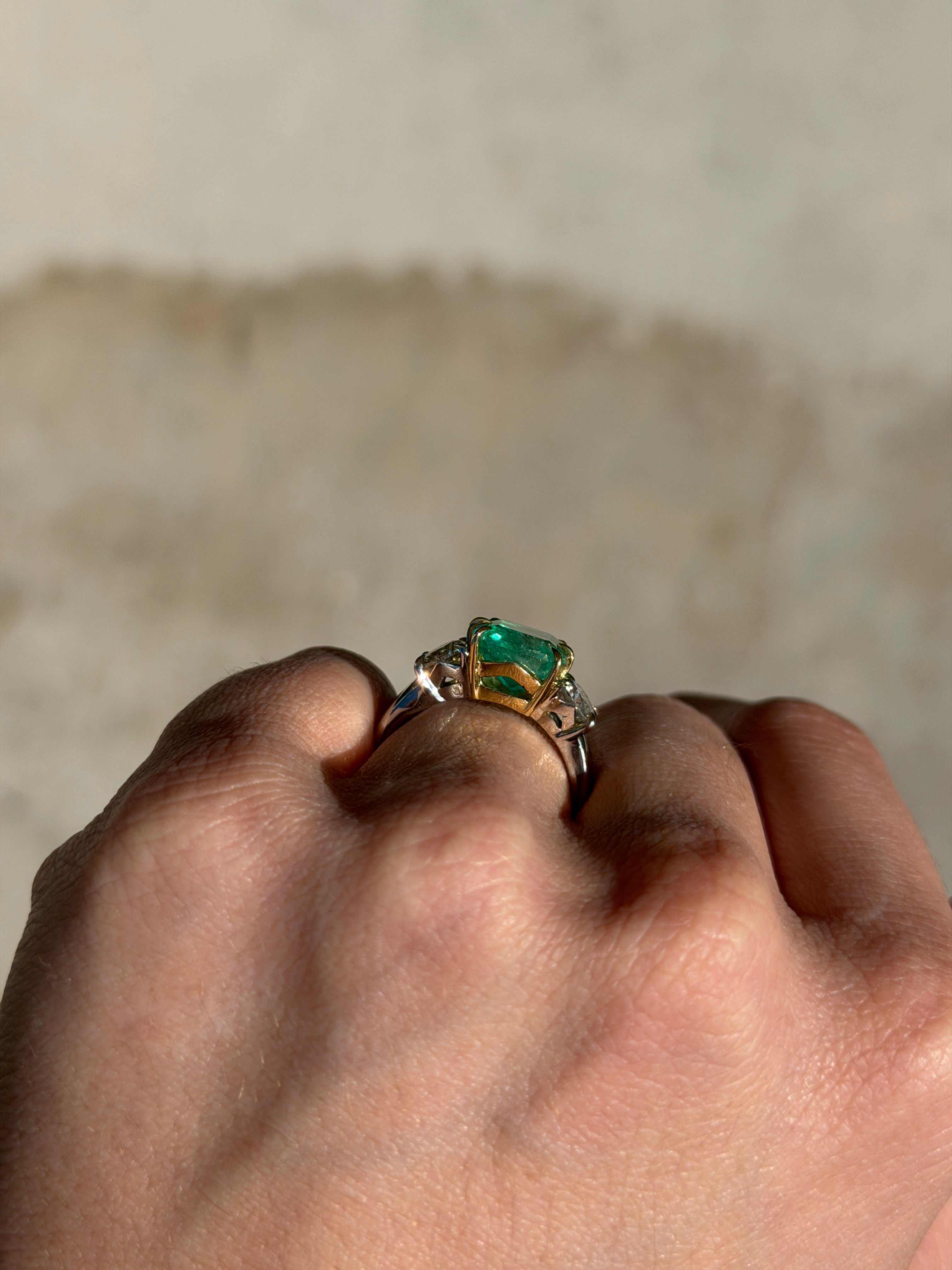 5.20tcw 18K Vivid Colombian Emerald Asscher & Diamond Three Stone Ring