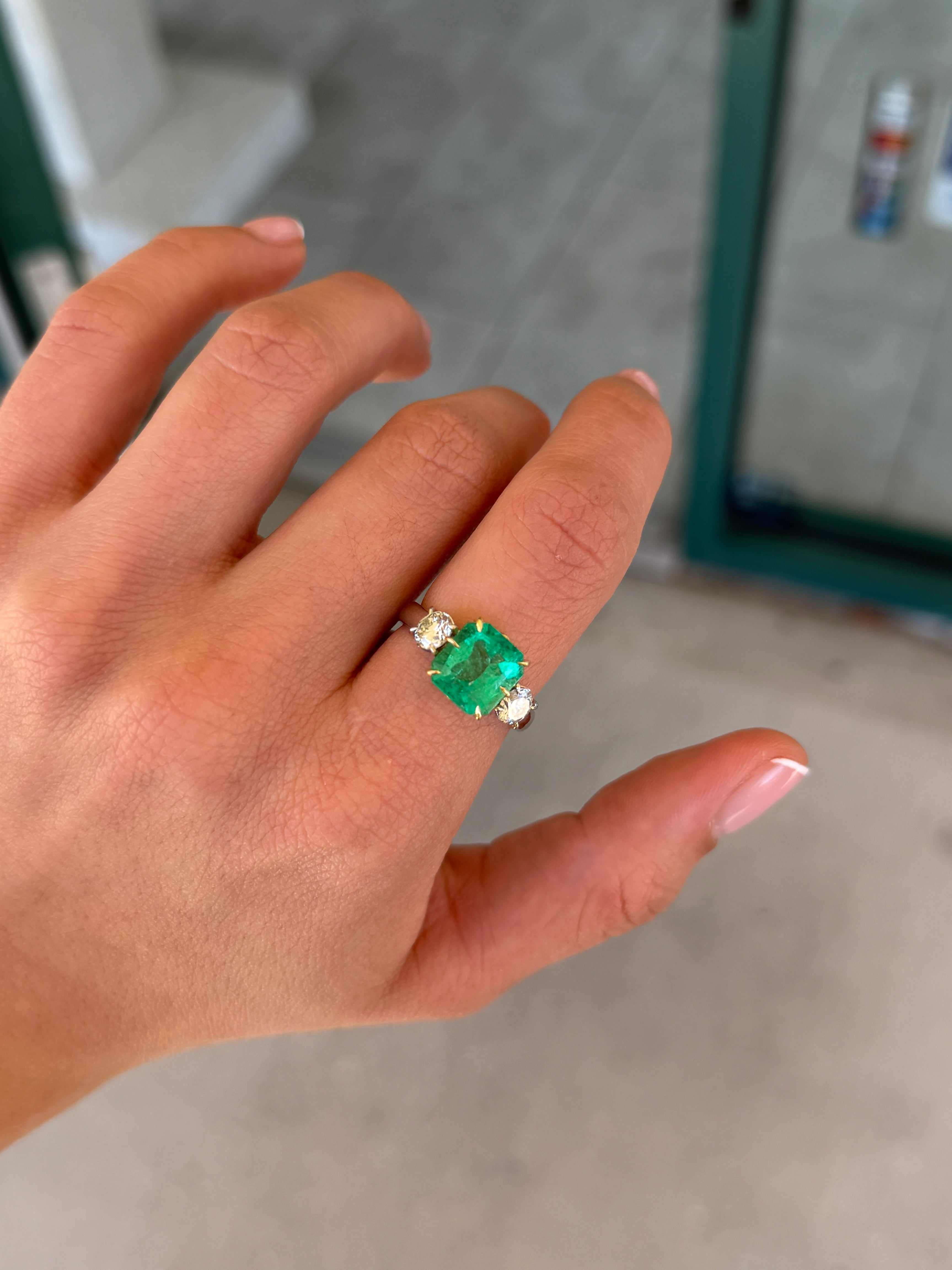 5.20tcw 18K Vivid Colombian Emerald Asscher & Diamond Three Stone Ring