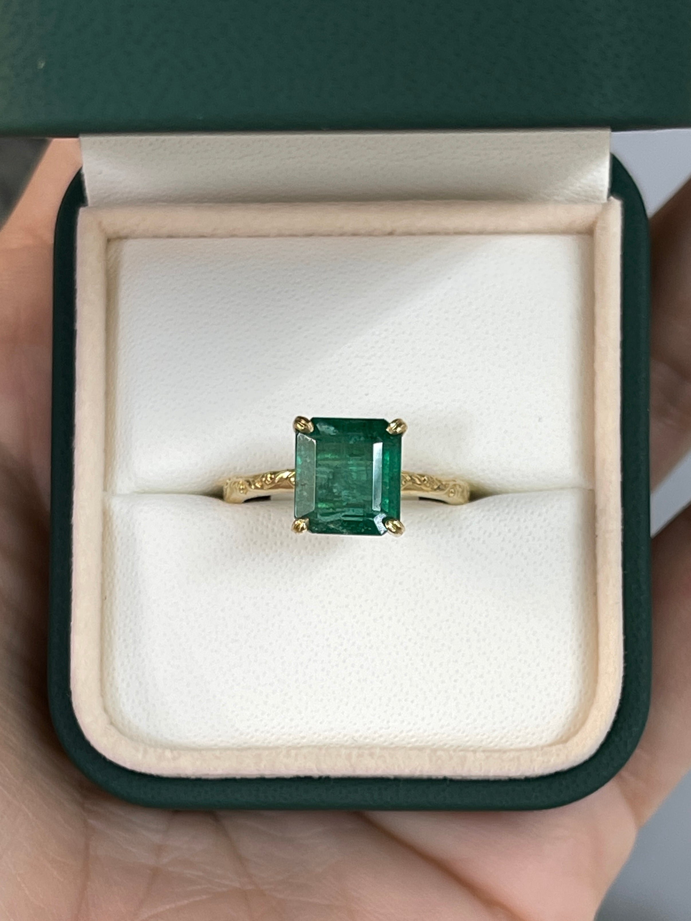 2.89ct 14K Asscher Cut Emerald Solitaire Ring - Floral Gold, Medium Dark Green