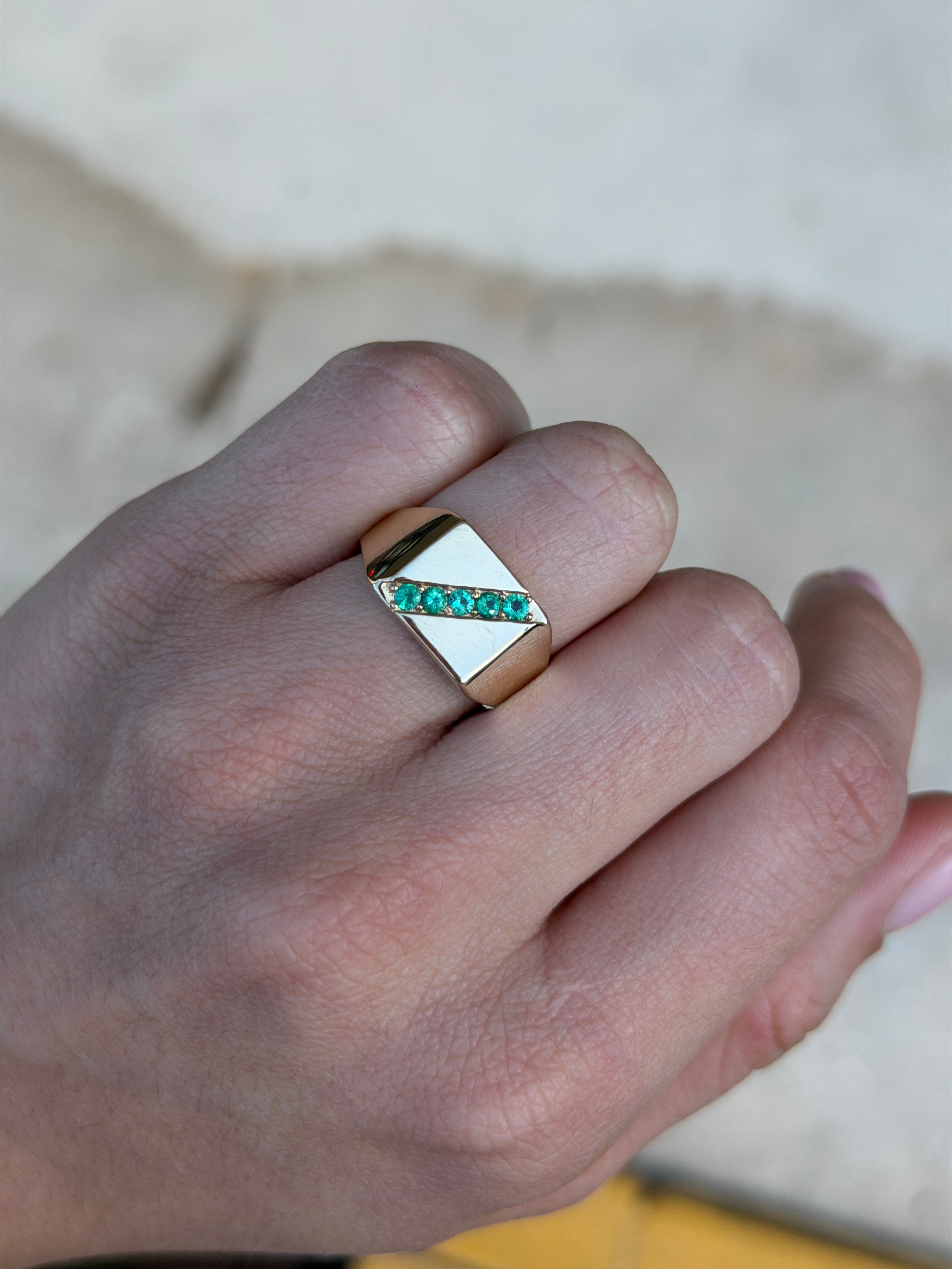 0.35tcw 14K Round Emerald Channel Set Mens Signet Ring - JR Colombian Emeralds