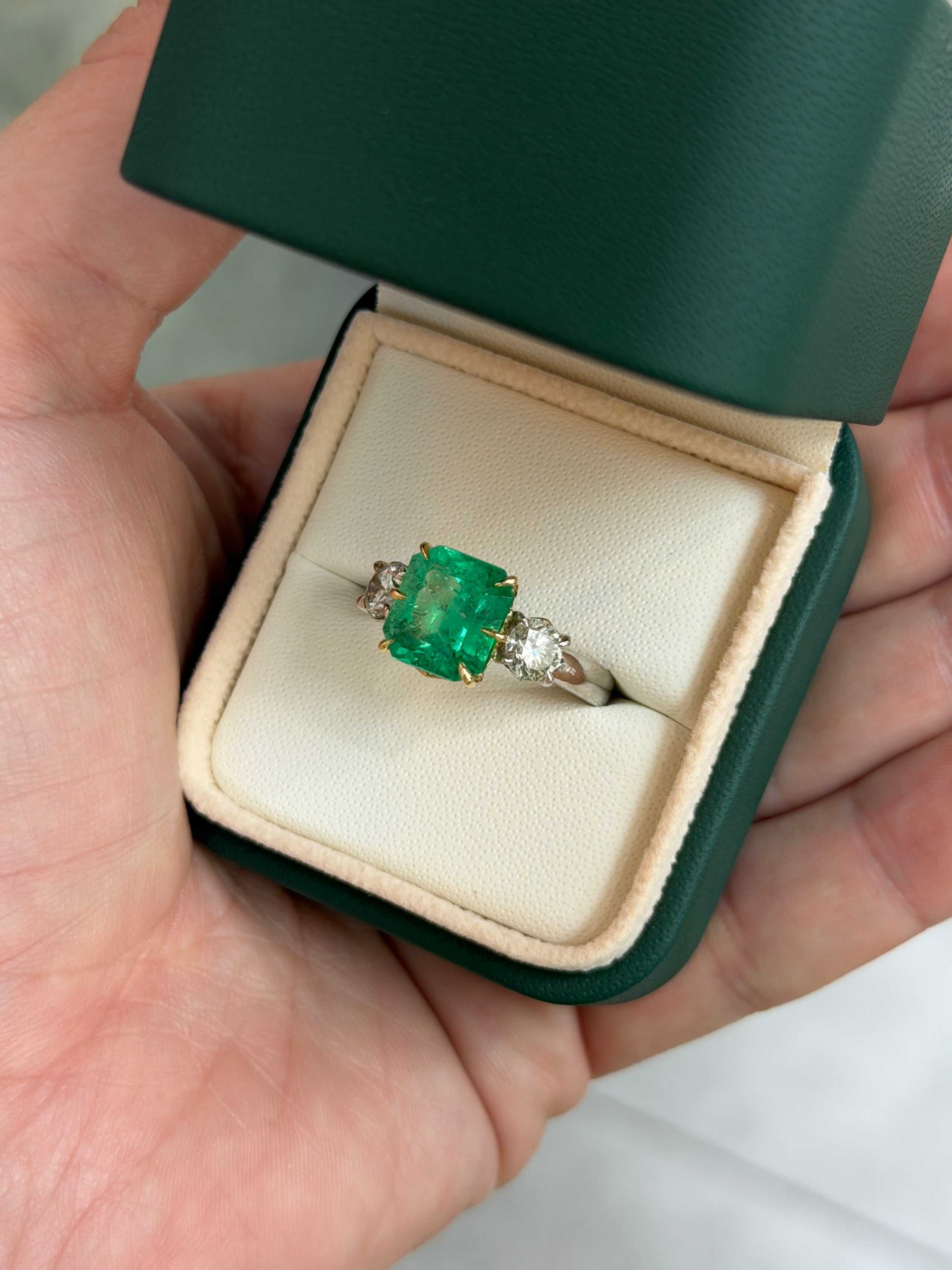 5.20tcw 18K Vivid Colombian Emerald Asscher & Diamond Three Stone Ring