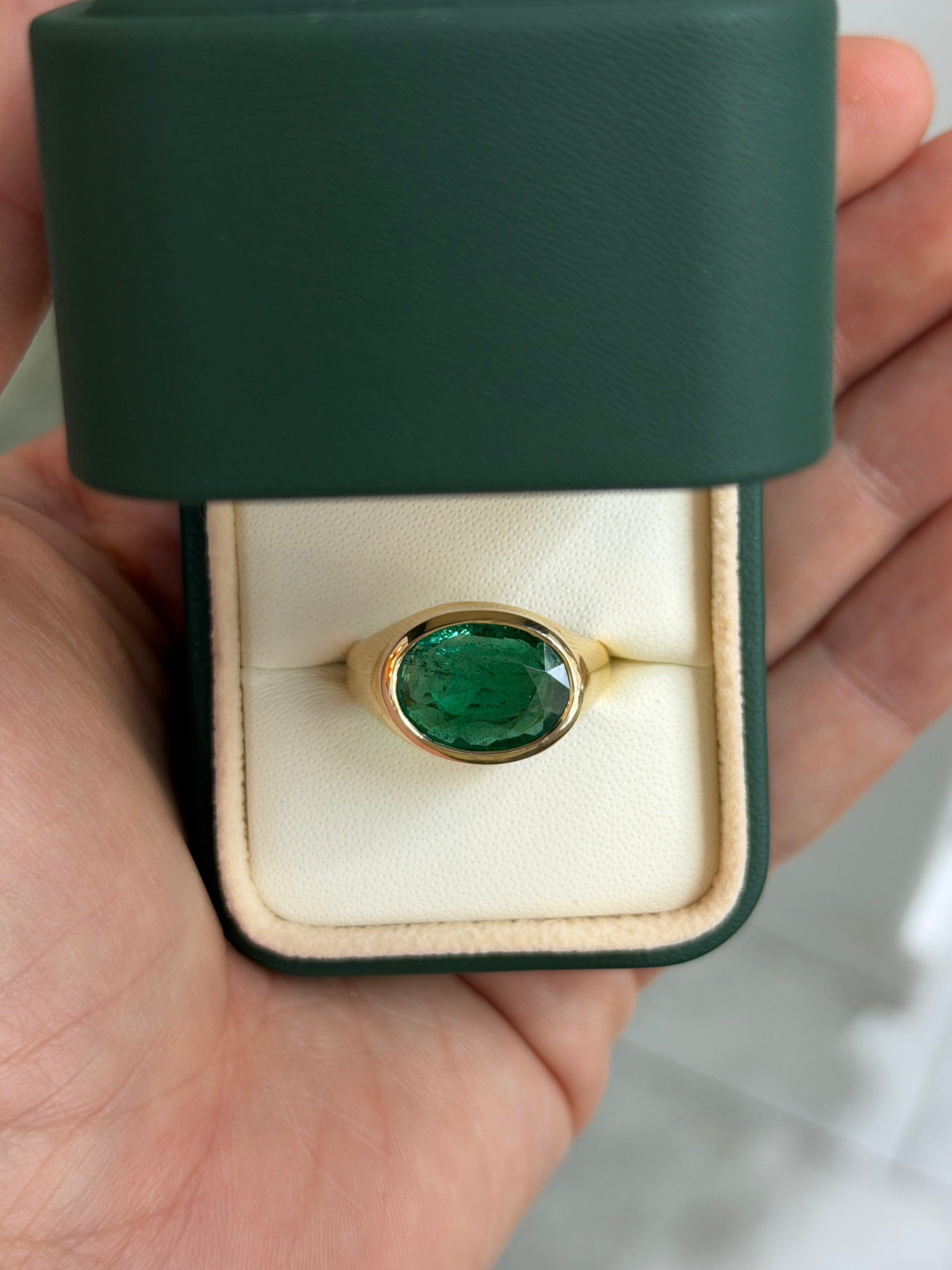 5.87 Carat East to West Oval Emerald Signet Ring 14K Gold