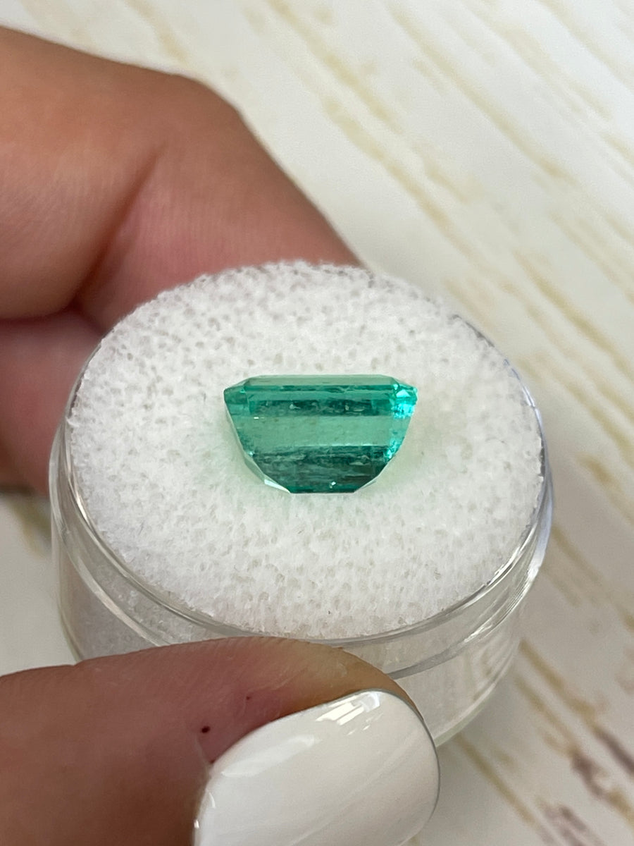 4.12 Carat Elongated Emerald Cut Colombian Emerald in a Soft Bluish-Green