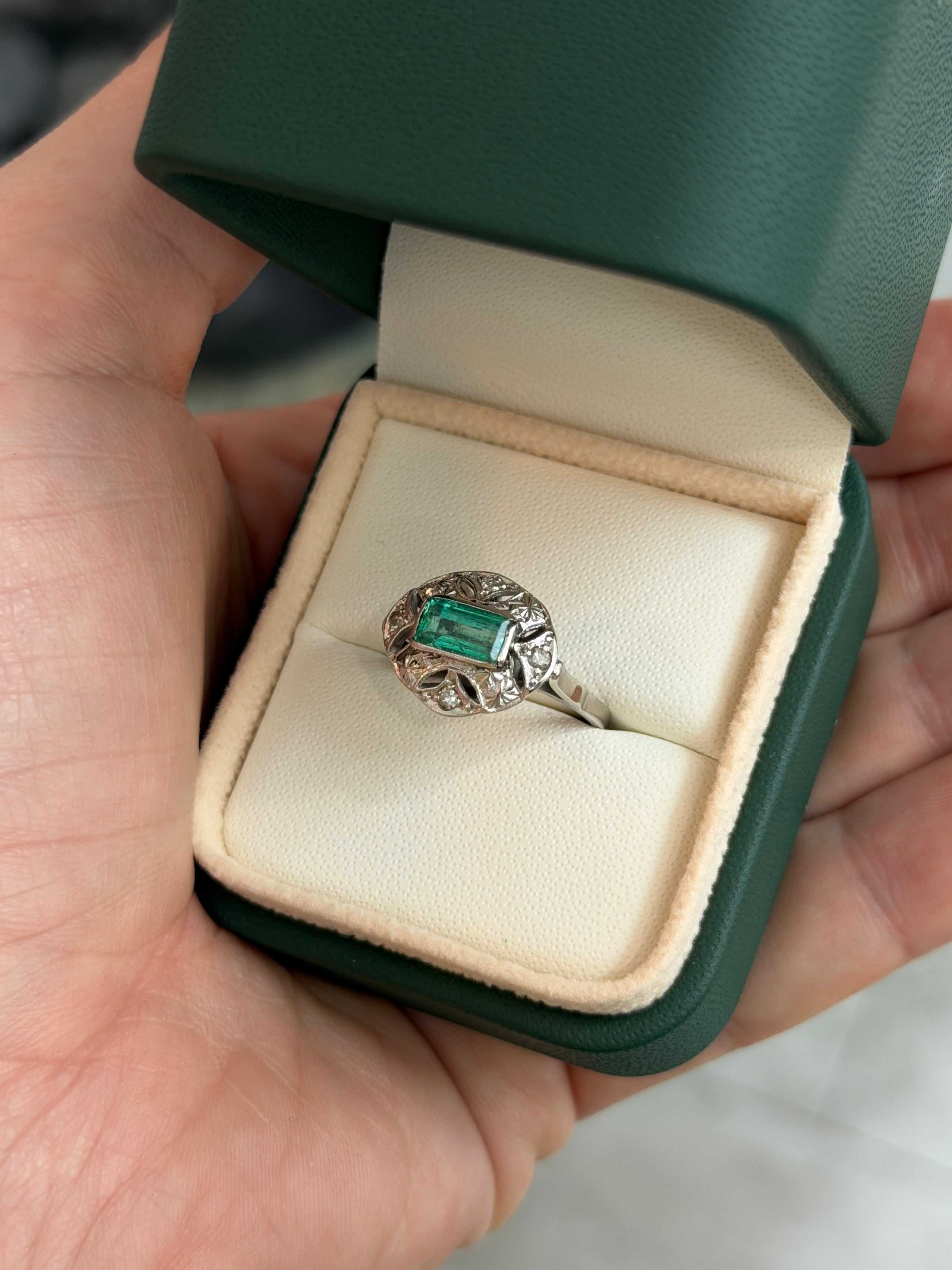 2.07tcw 14K Vintage Art Deco Colombian Emerald & Single Cut Diamond Floral Ring